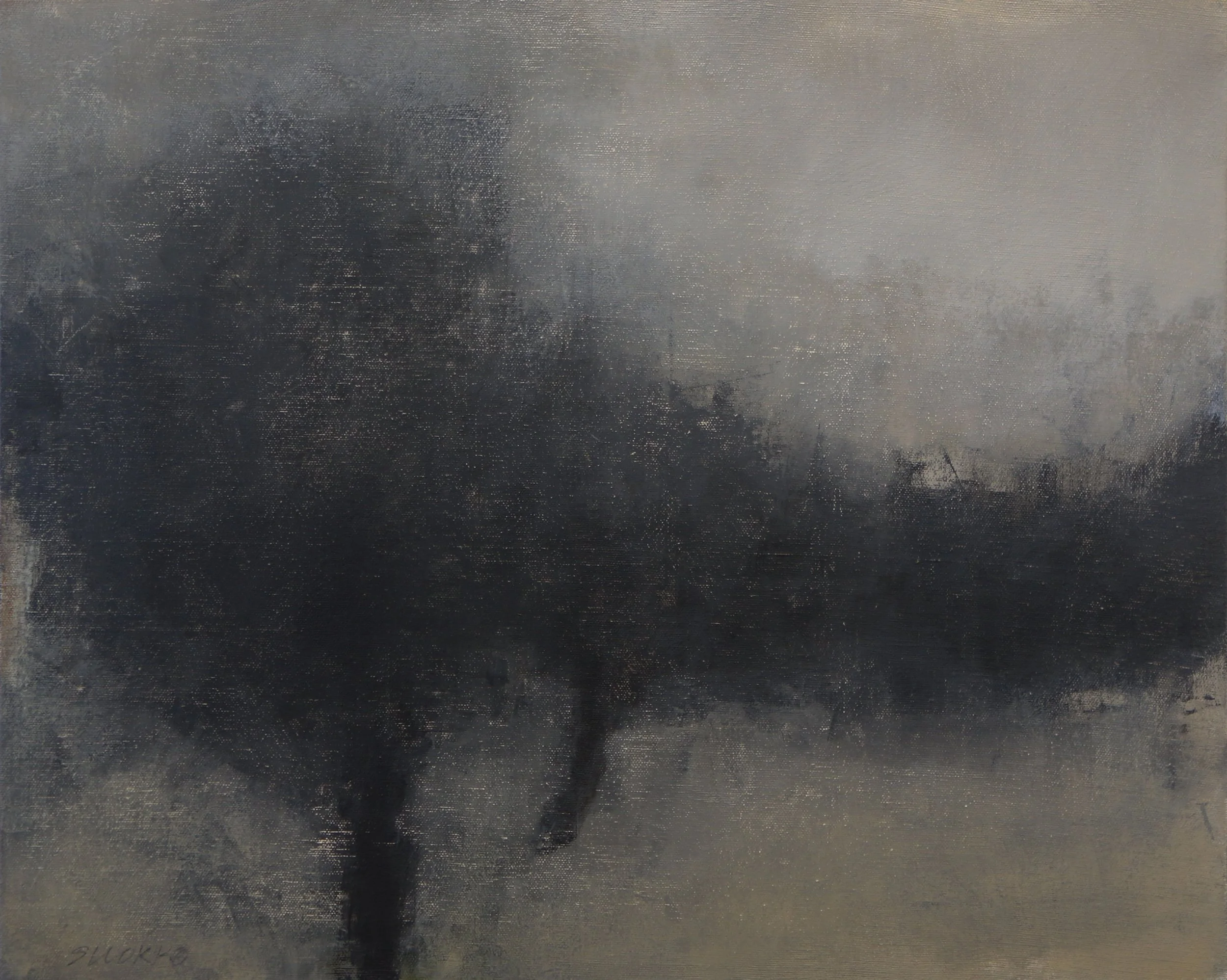 Trees in a landscape, monochromatic oil painting, Glenn Suokko.