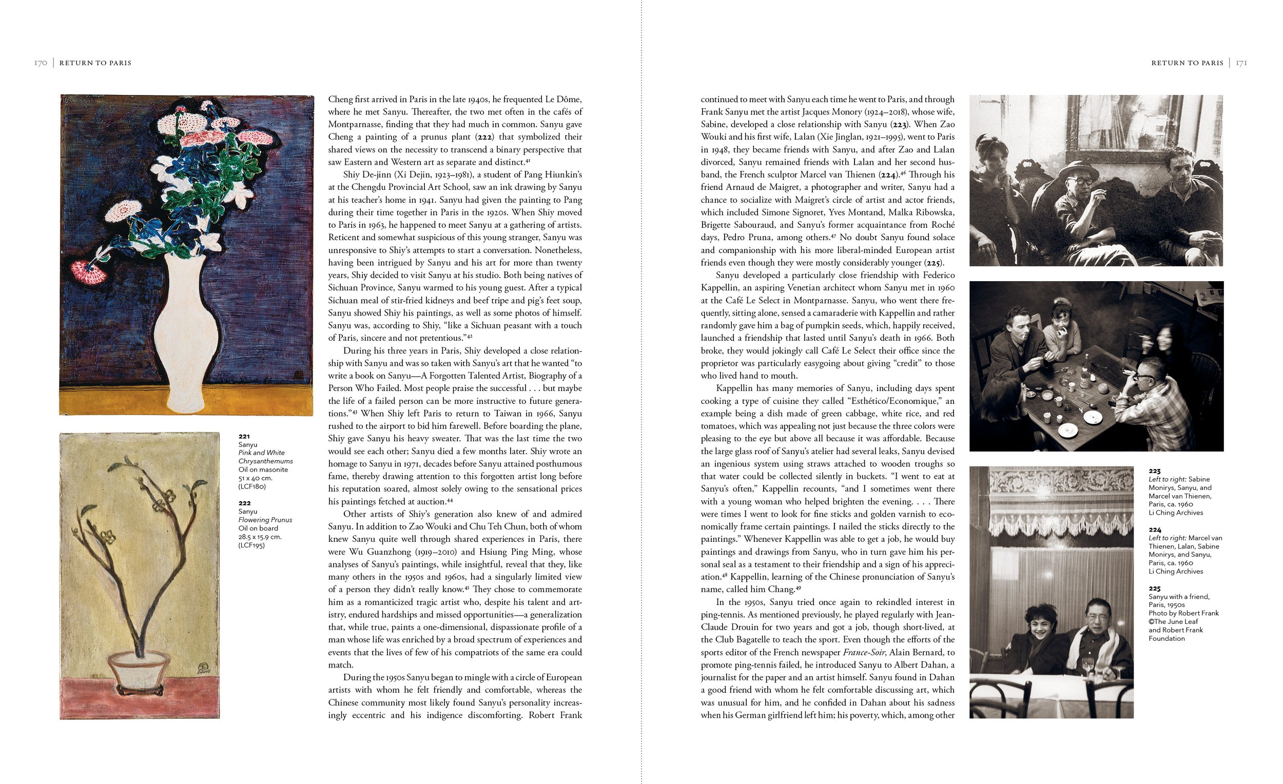 A layout of a magazine or book featuring various black and white photographs of people at gatherings and paintings of flowers and plants.