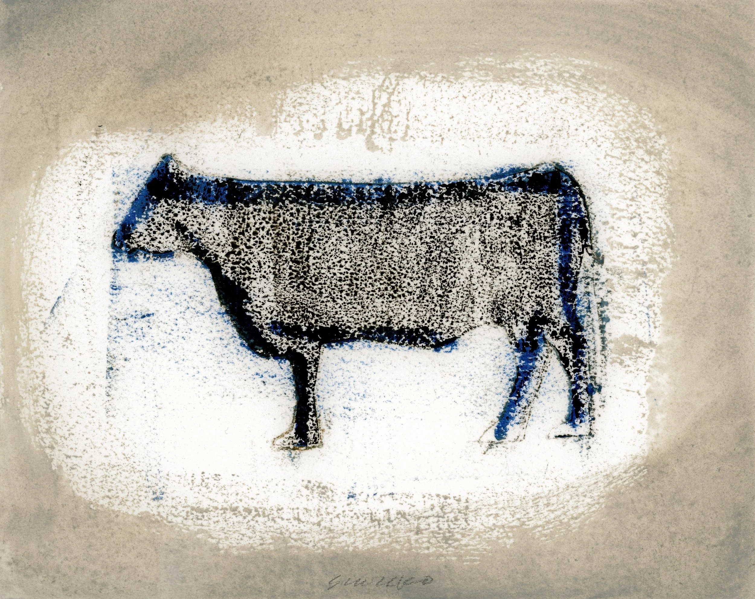 A standing black Angus cow shown in profile, rendered in simplified silhouette with subtle textural variations. An artwork from Glenn Suokko’s Standing Cow series exploring form and repetition.