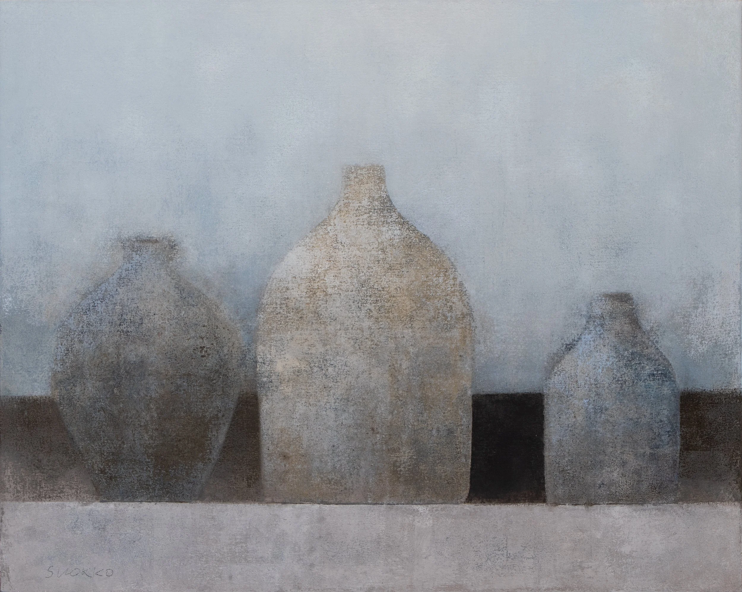 Still life with three vessels painted with rough textures in gray colors.