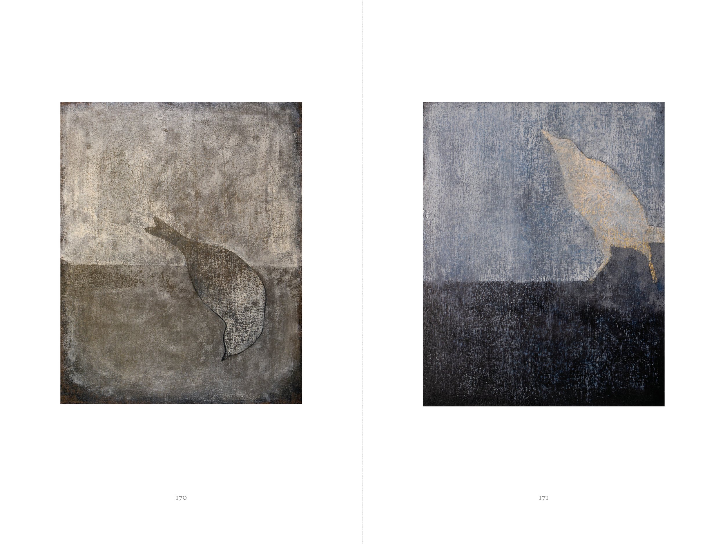 Book pages illustrating two oil paintings of birds.