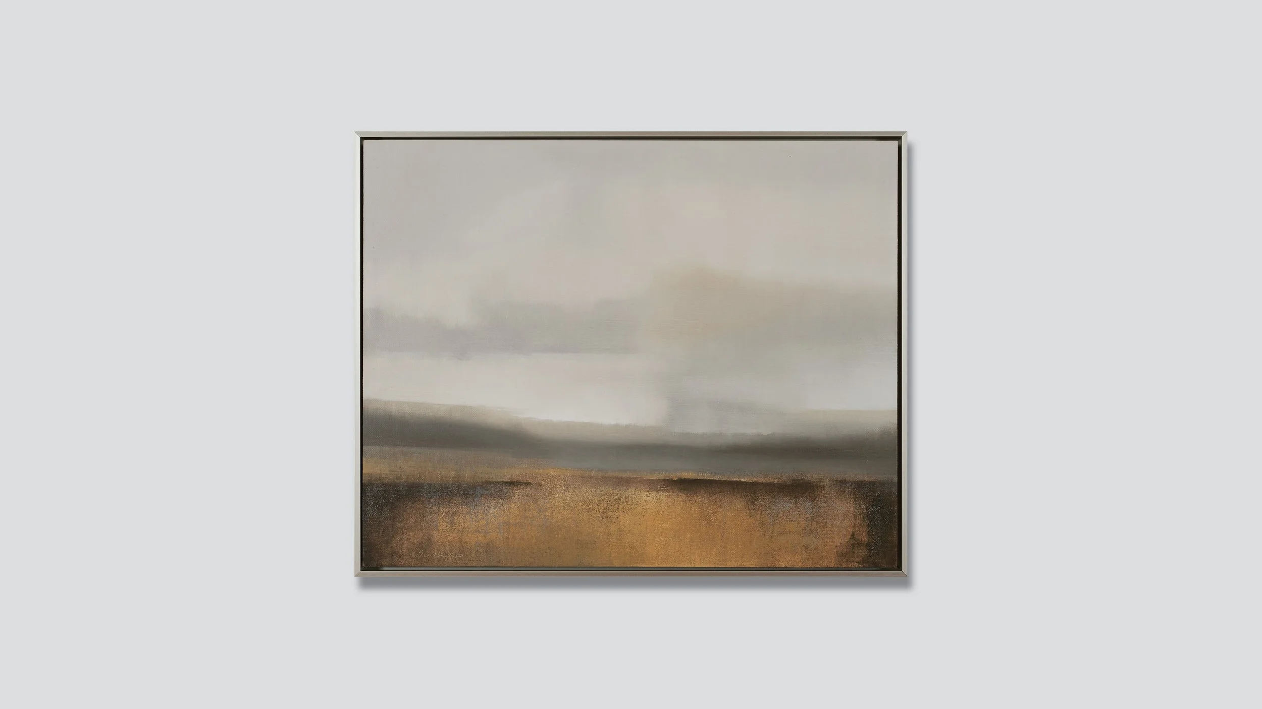 Framed landscape with gold meadow and misty sky, oil on linen.
