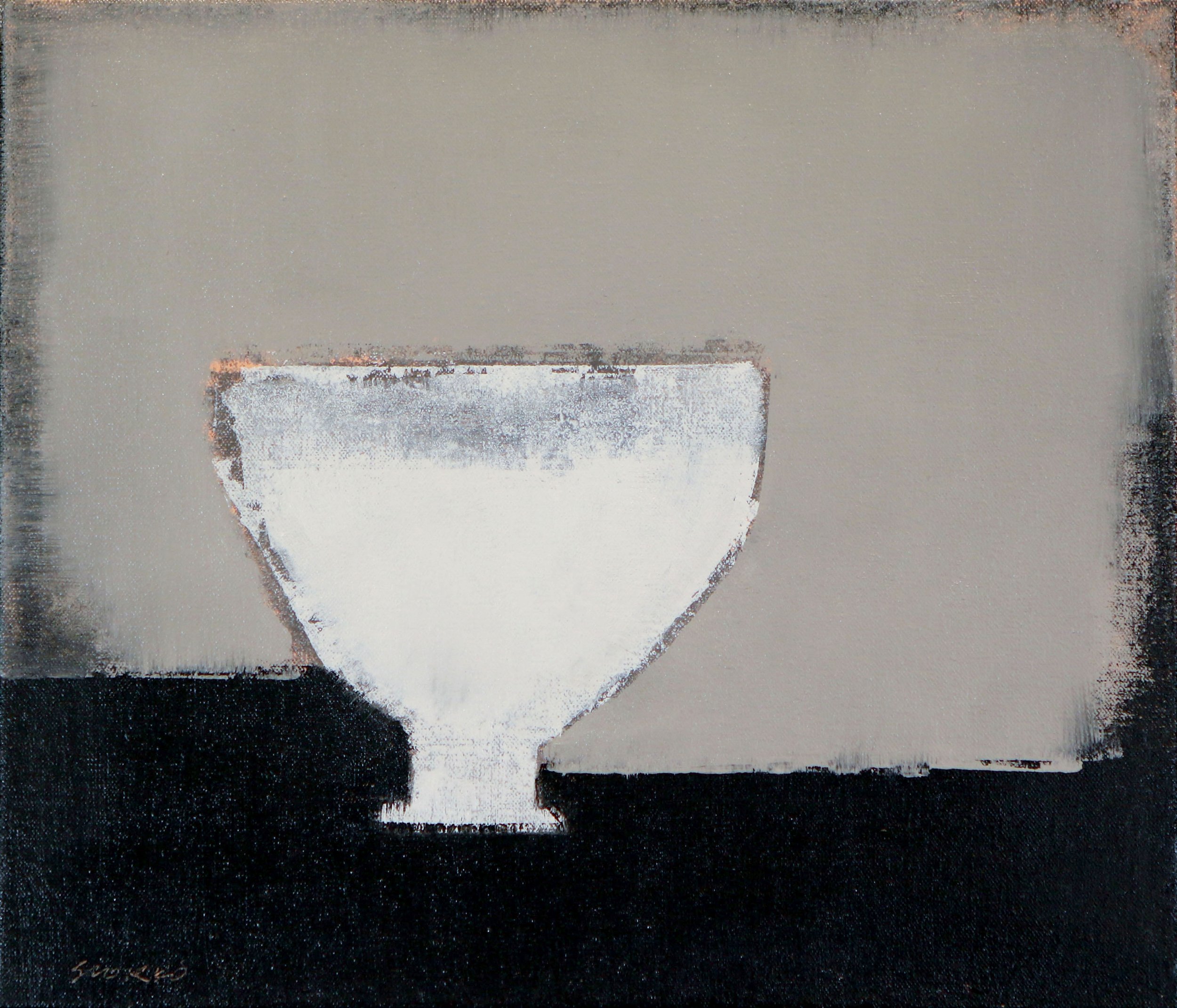 Abstract still life with white pedestal bowl, oil on canvas.