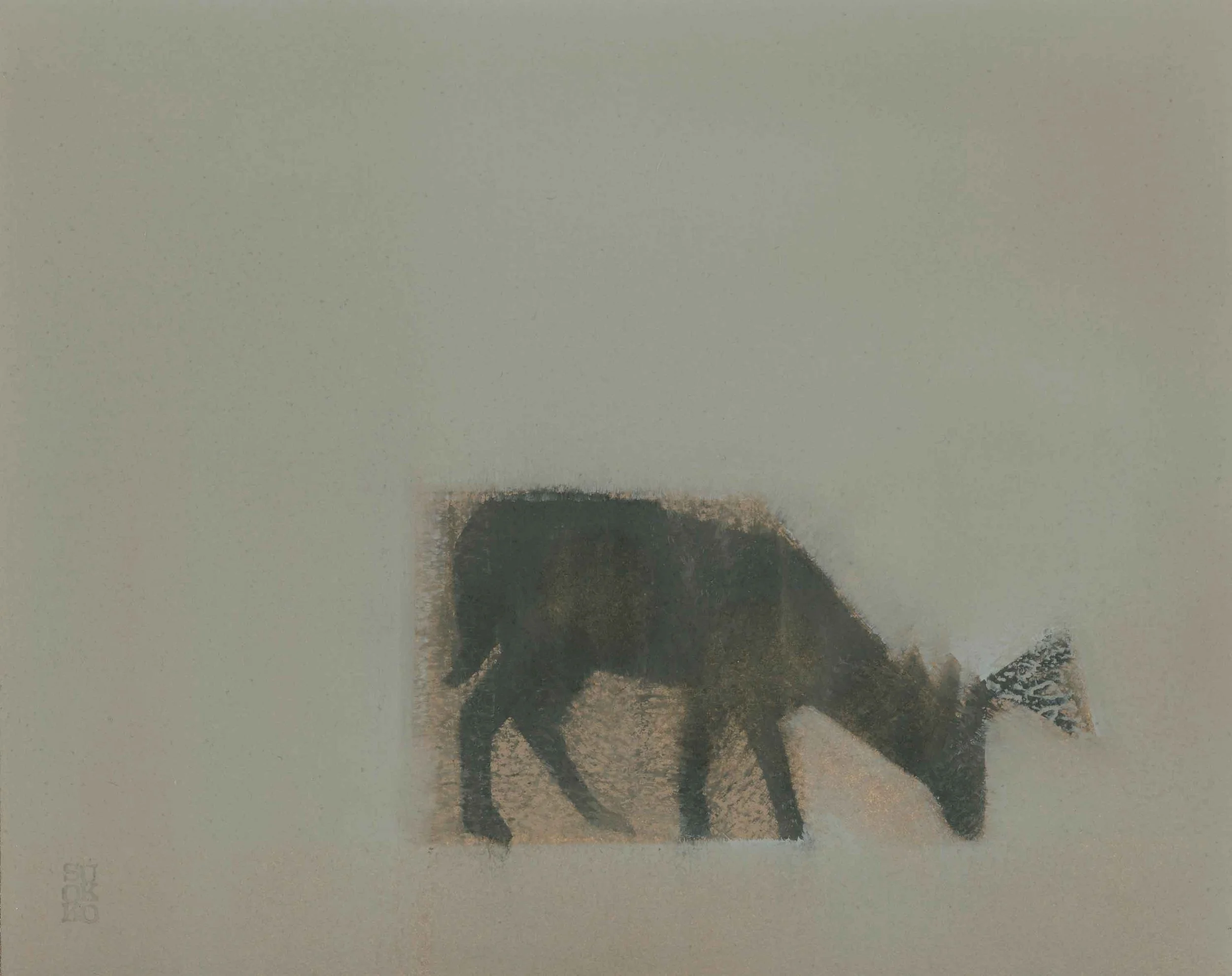 Grazing deer with antlers, oil on paper, 2025.