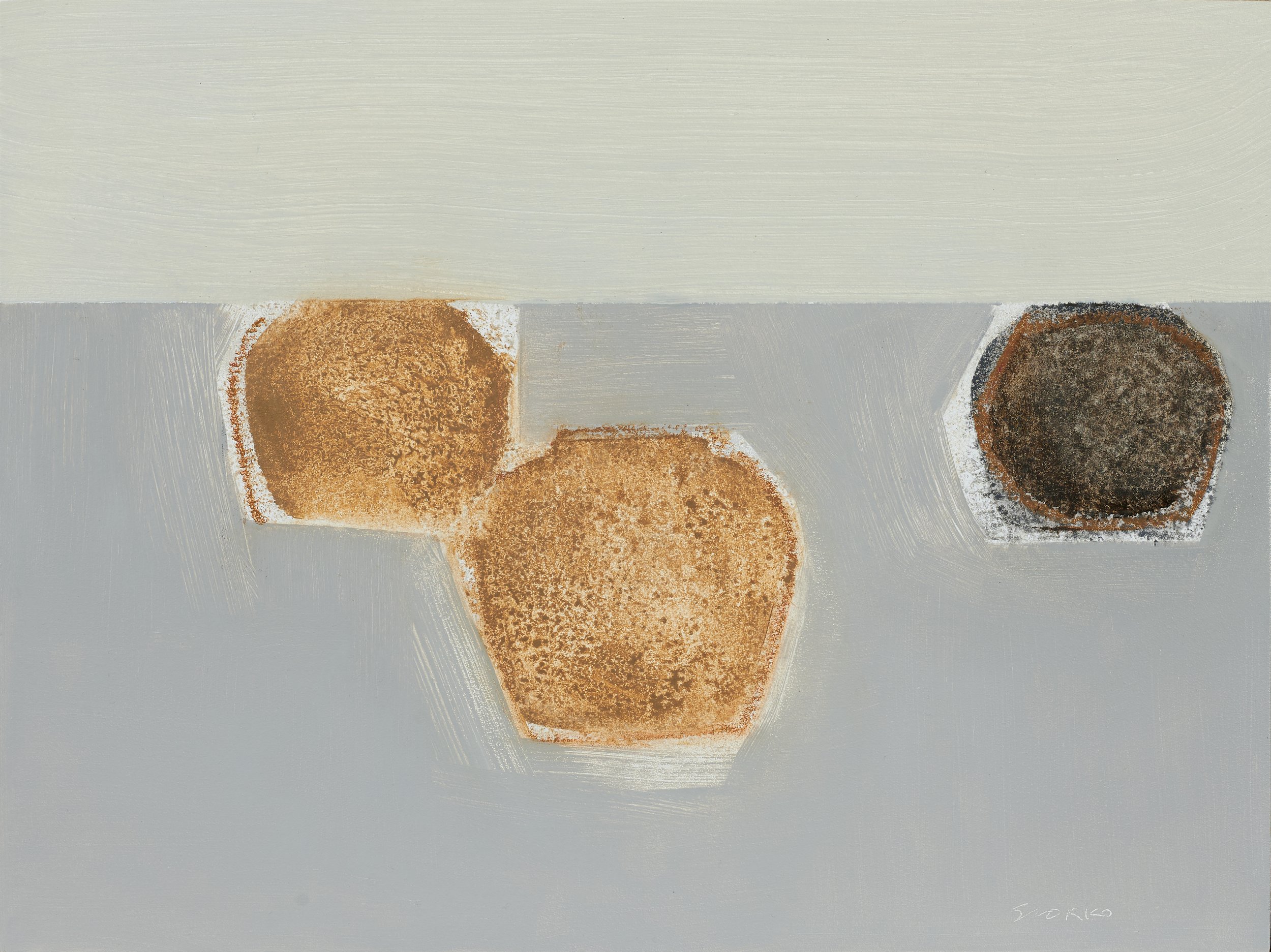Abstract still life of three vessels on a table by Glenn Suokko.