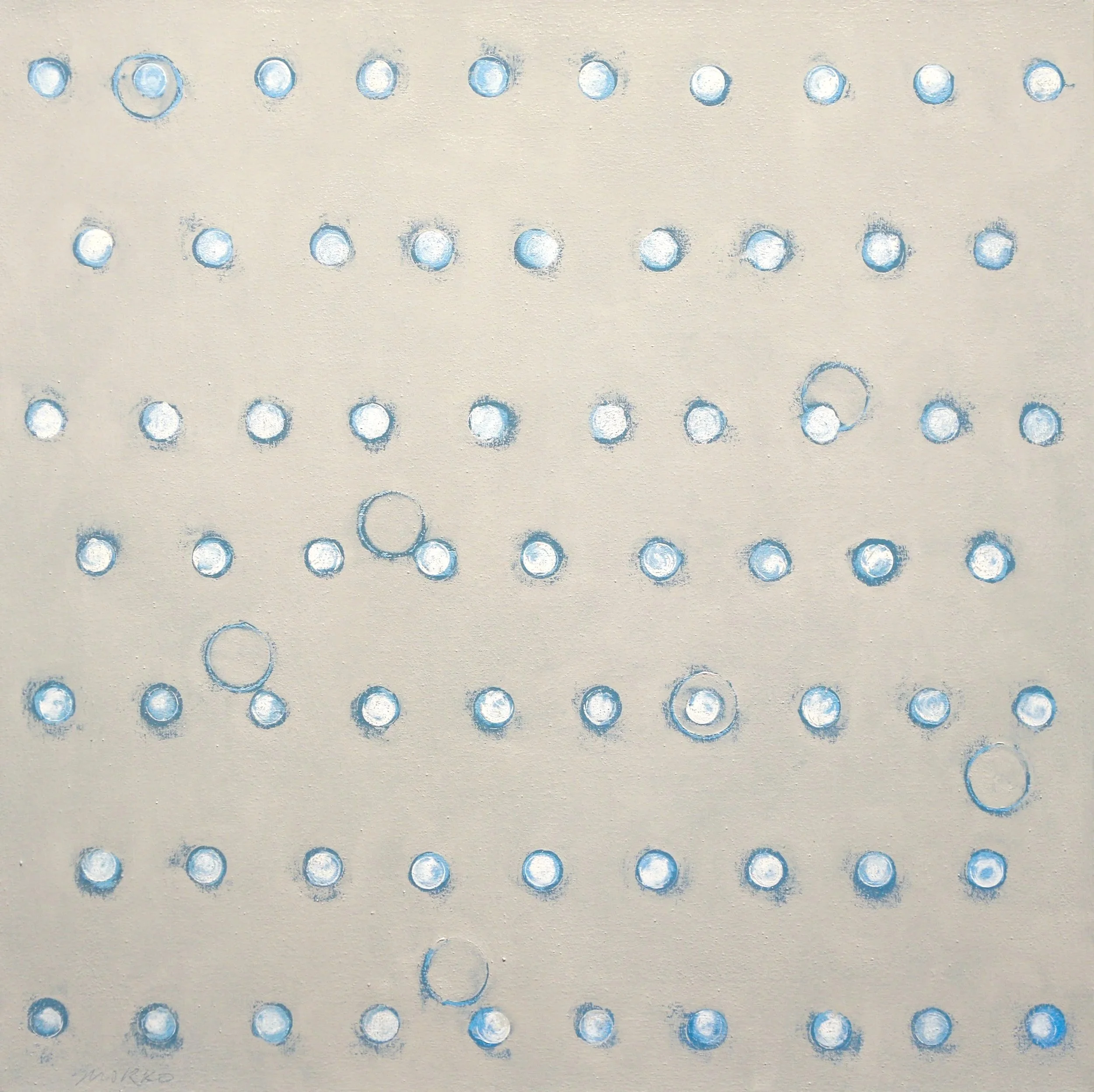Blue and white dots on a cream background, oil on canvas.