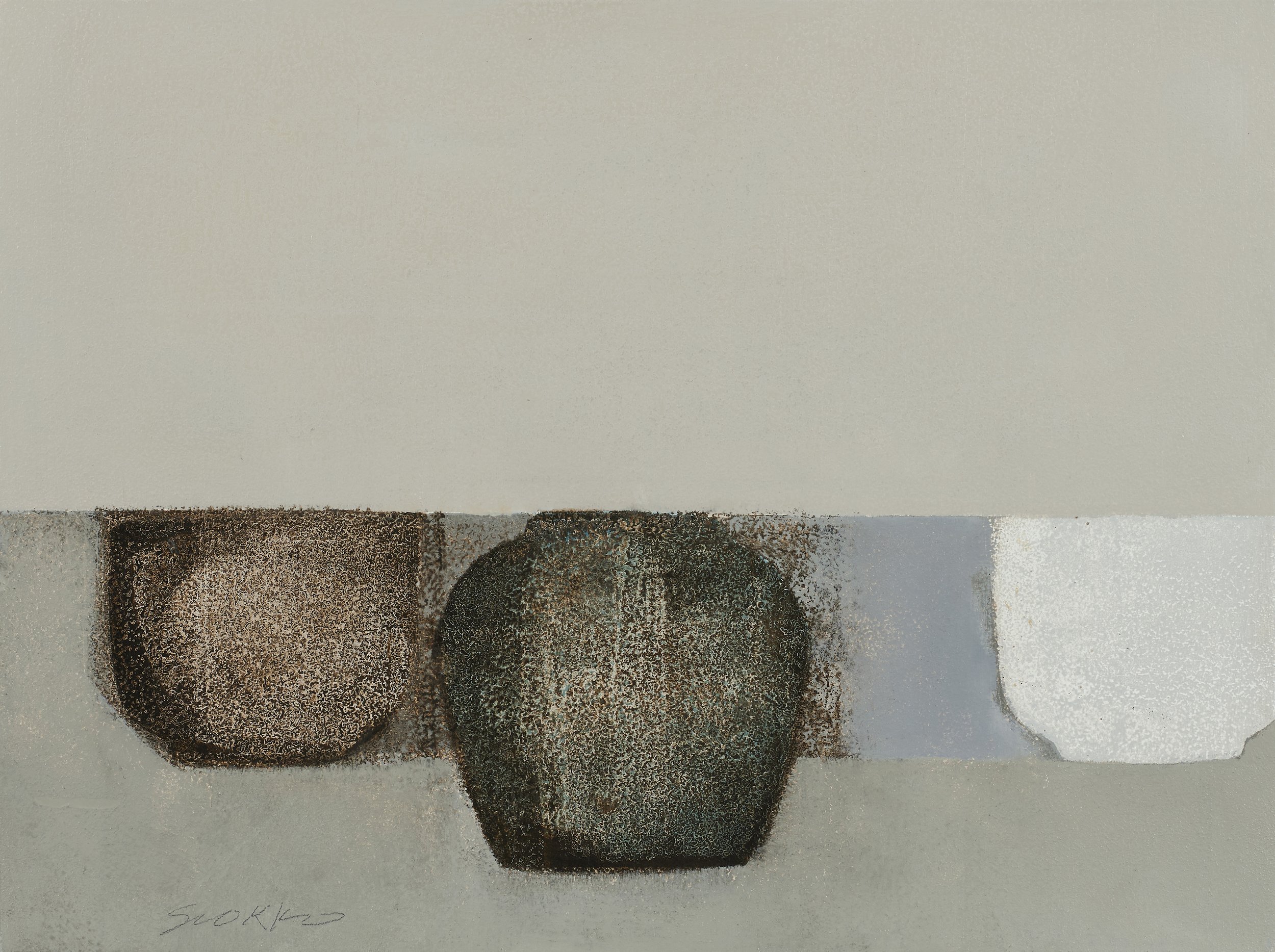 Abstract still life of three vessels on a low horizon.