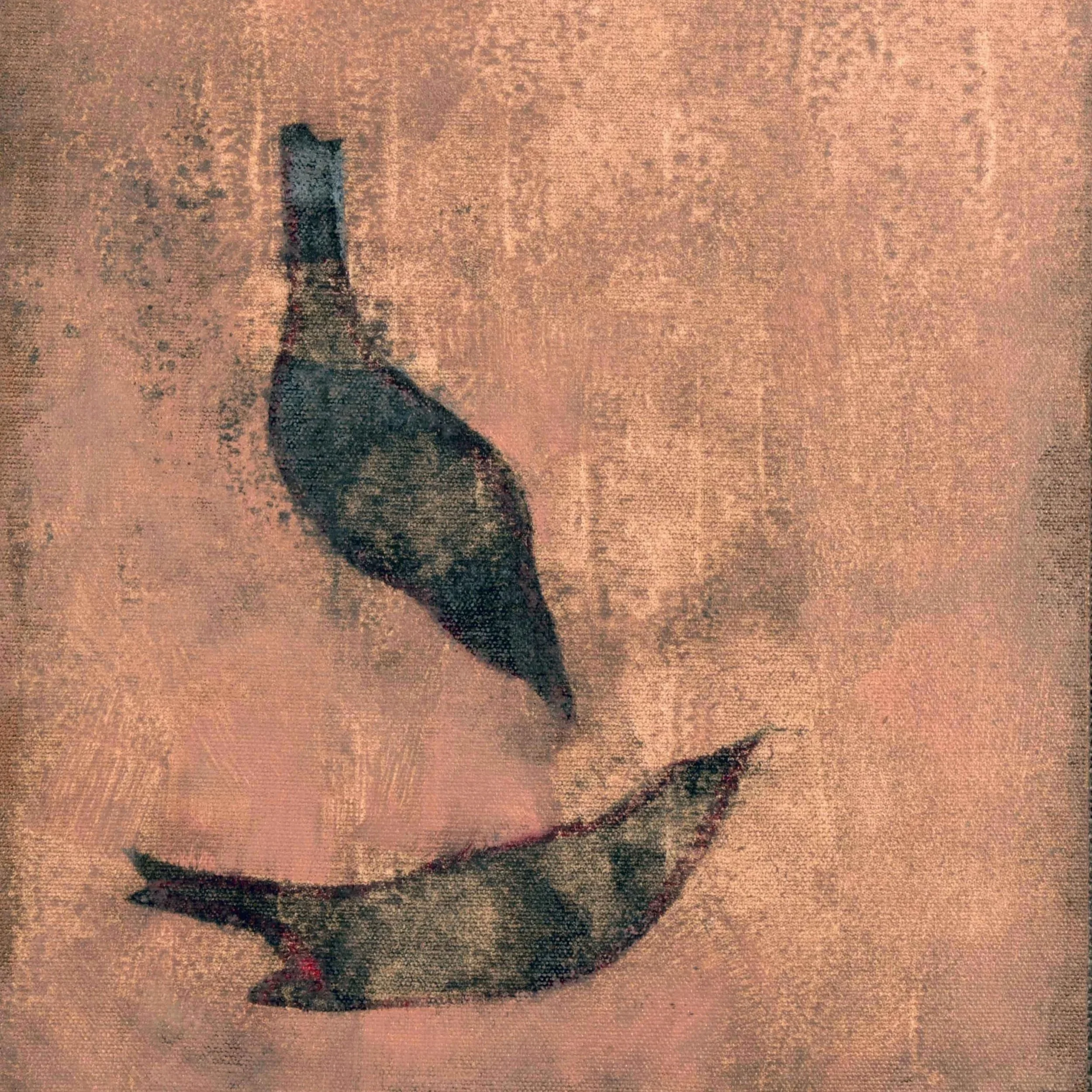 Two birds on a muted pink background, oil on linen.
