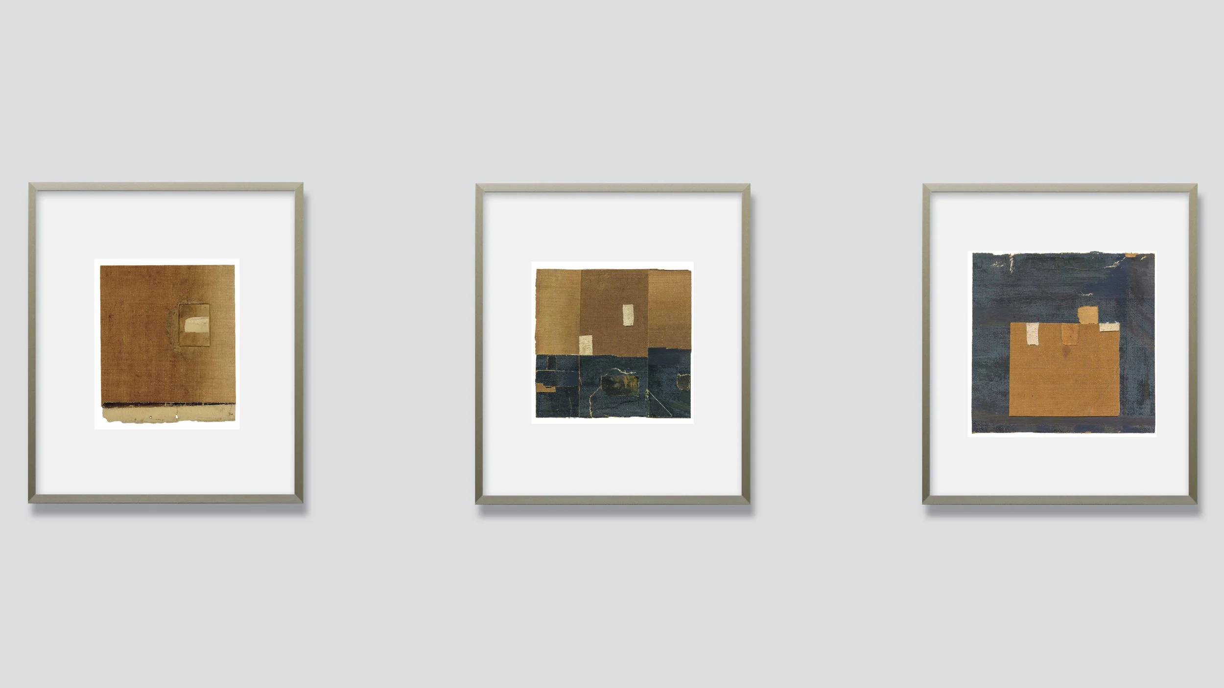 Three collages by Ed Fella, displayed on a gallery wall.
