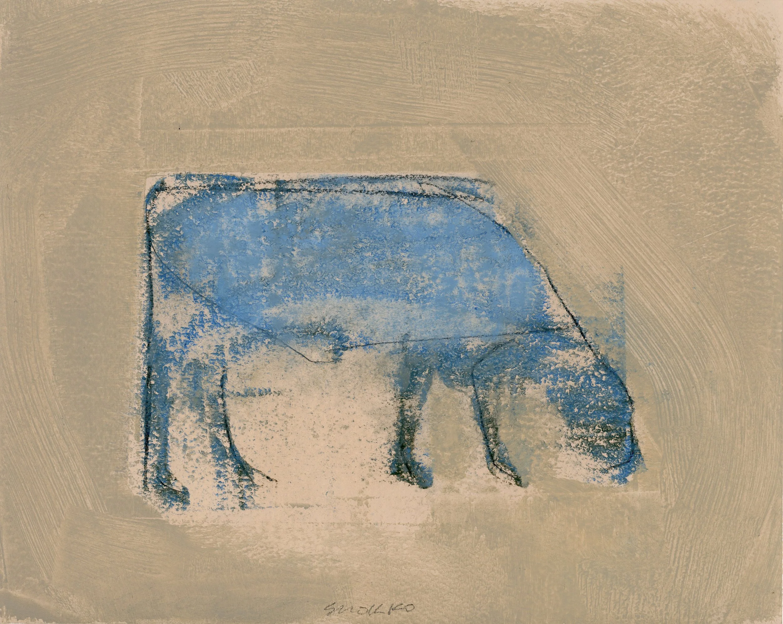 Grazing cow, blue form, sketched outline.