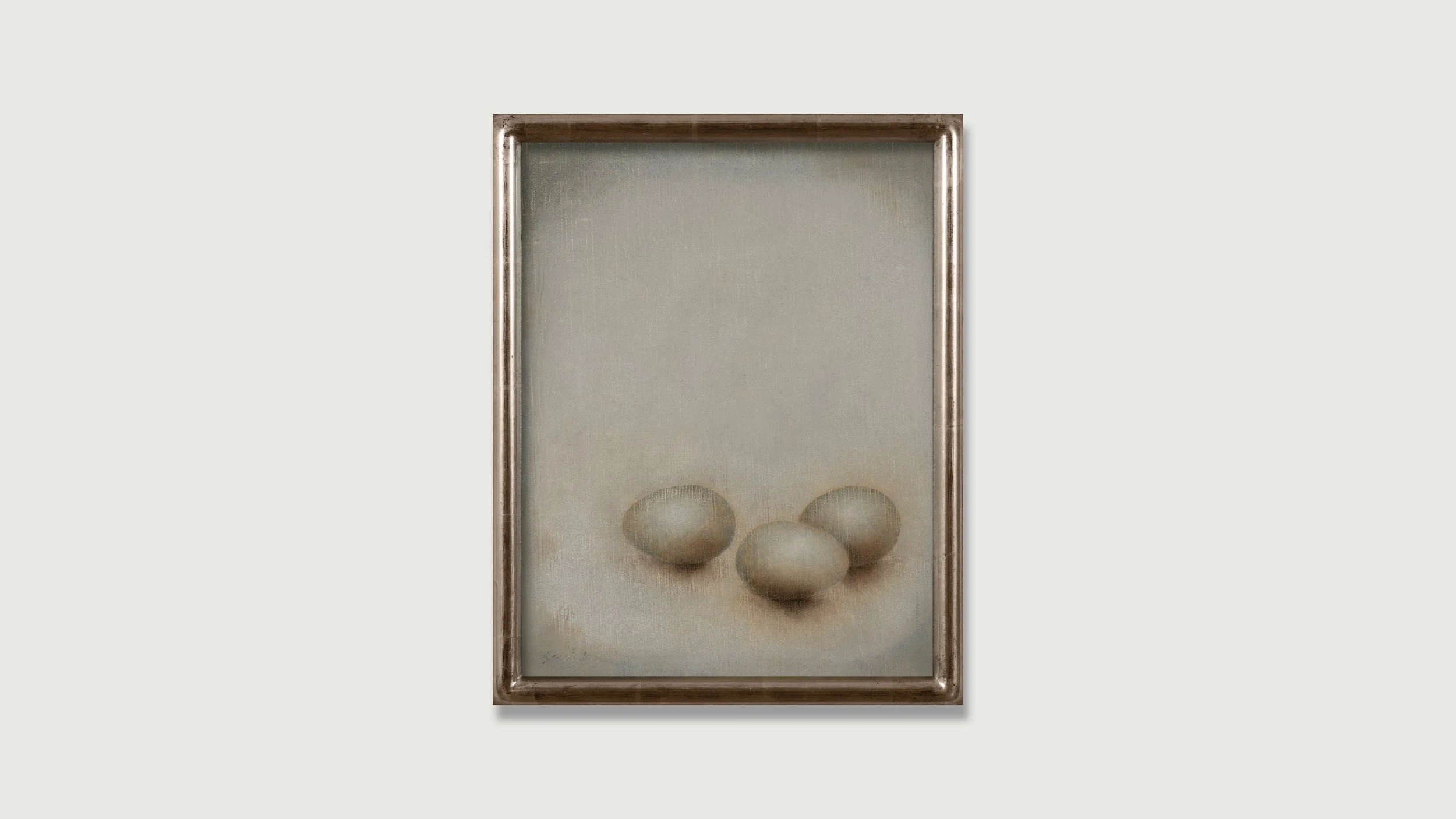 Framed oil painting, still life with three eggs in gray tones by Glenn Suokko.