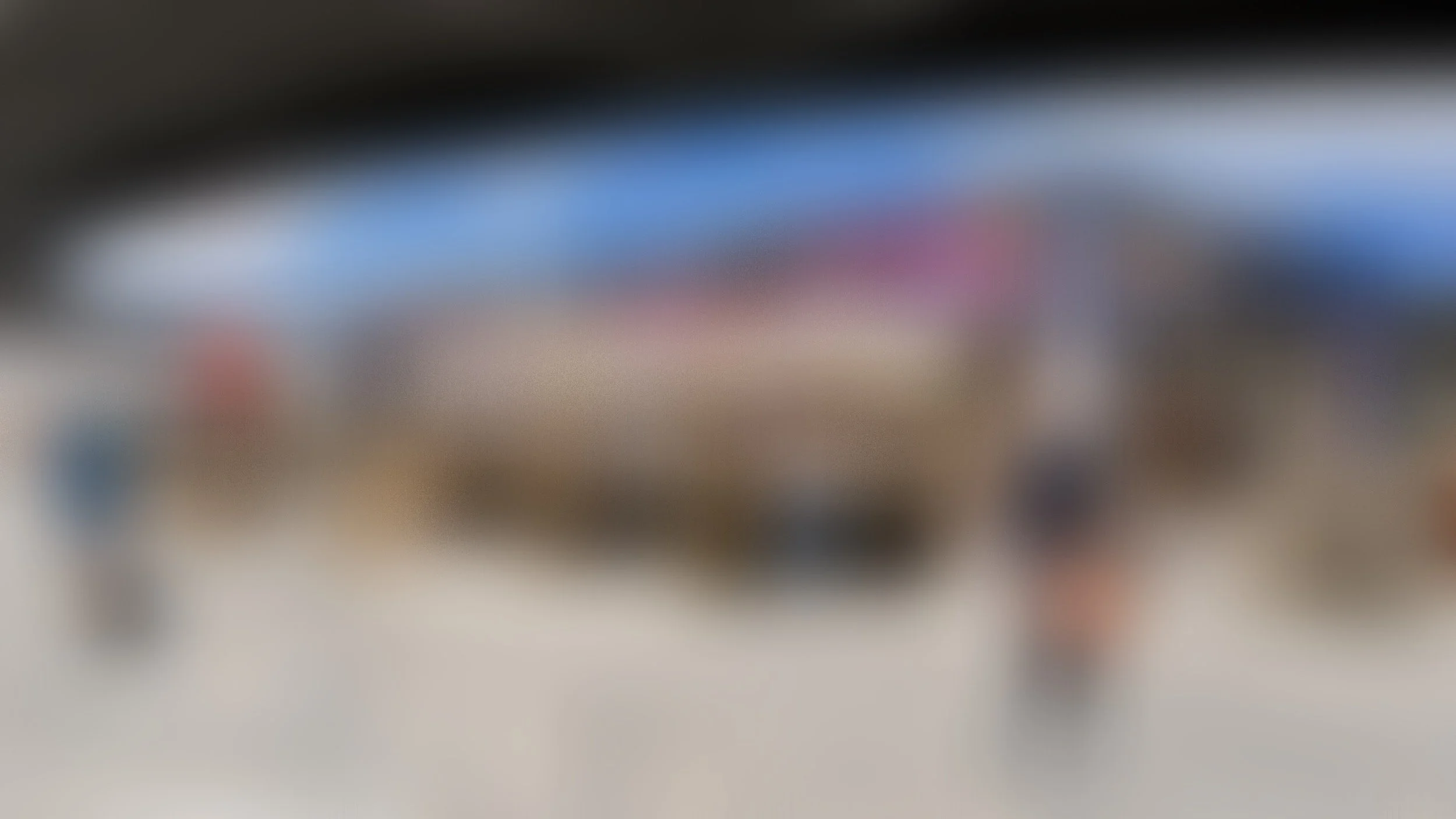 Blurry outdoor scene with people in front of a long building.