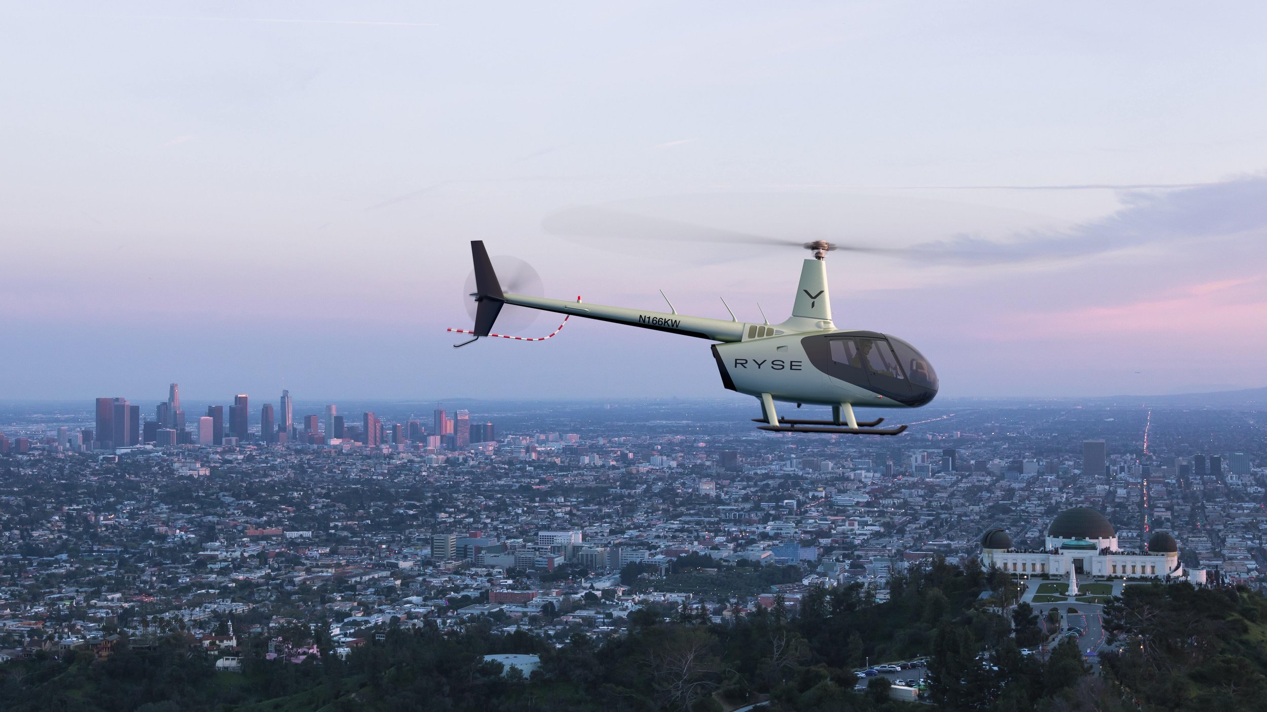 Helicopter flying over a city skyline at dusk with a prominent observatory in the foreground.