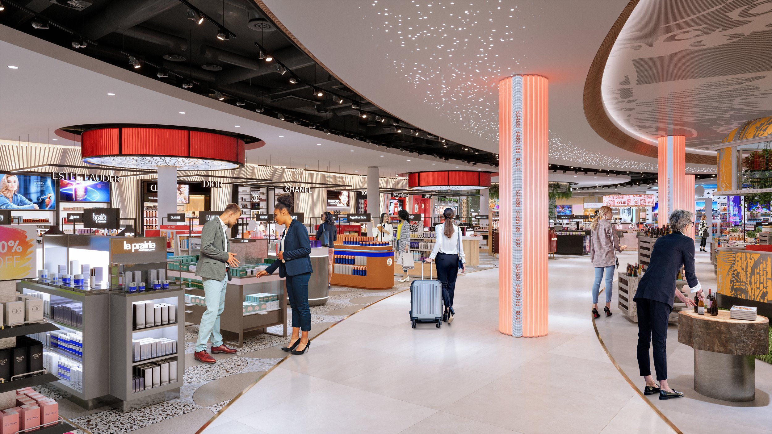 Interior of a duty-free shop at an airport with people browsing perfume and cosmetics displays.
