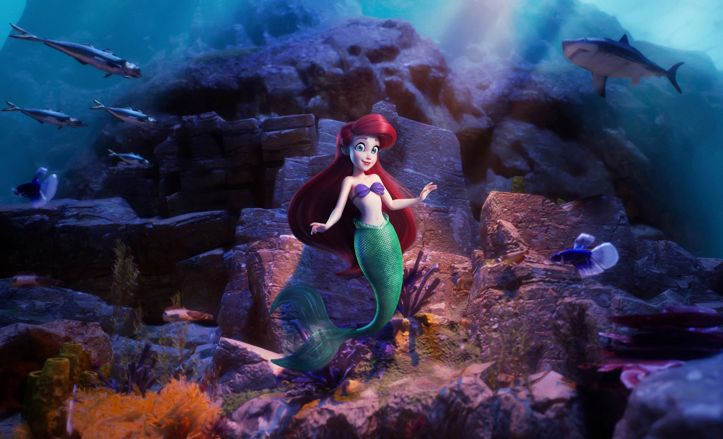 Animated mermaid with red hair and green tail underwater with fishes and rocks.