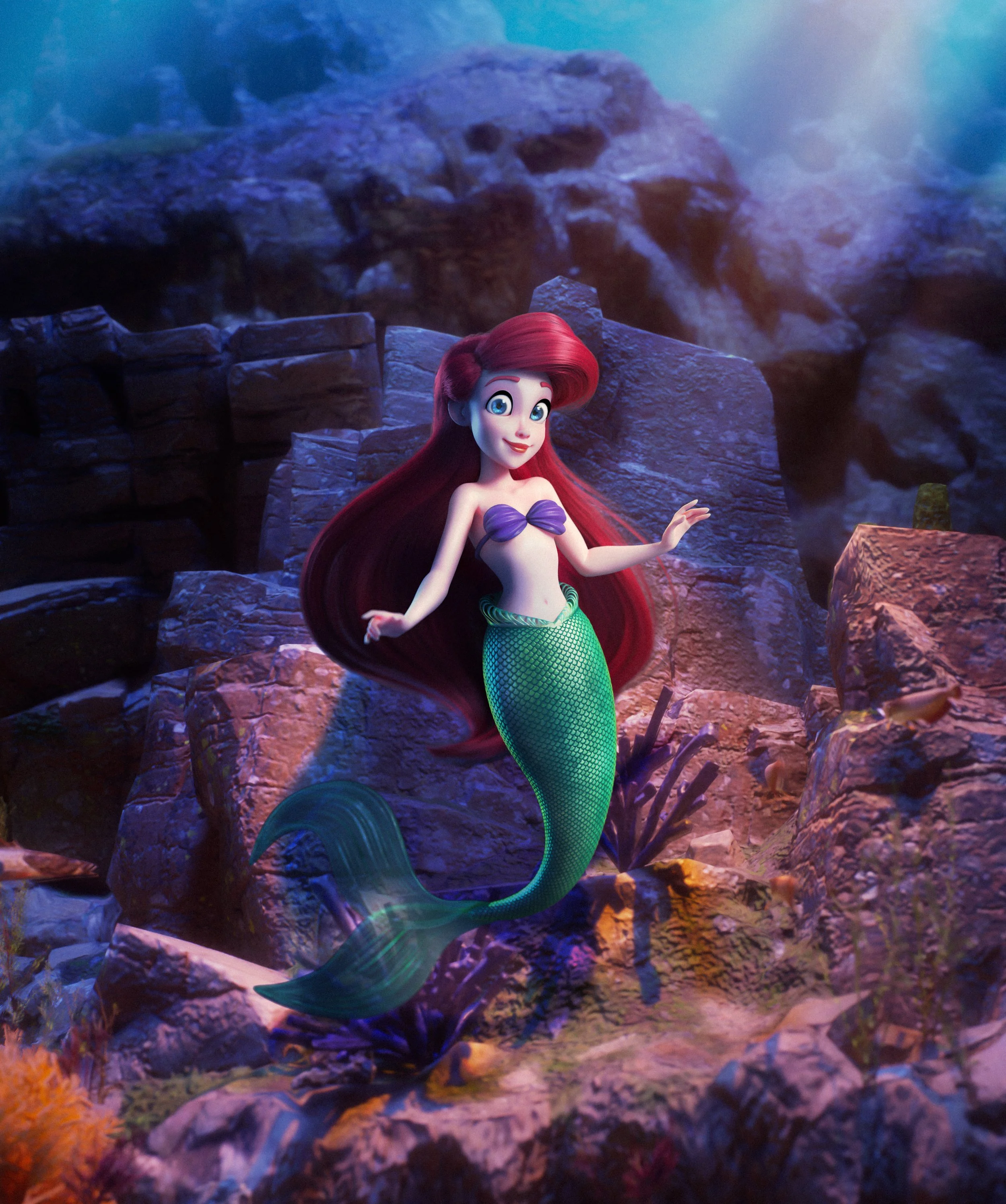 Animated mermaid with red hair and green tail underwater among rocks and coral.