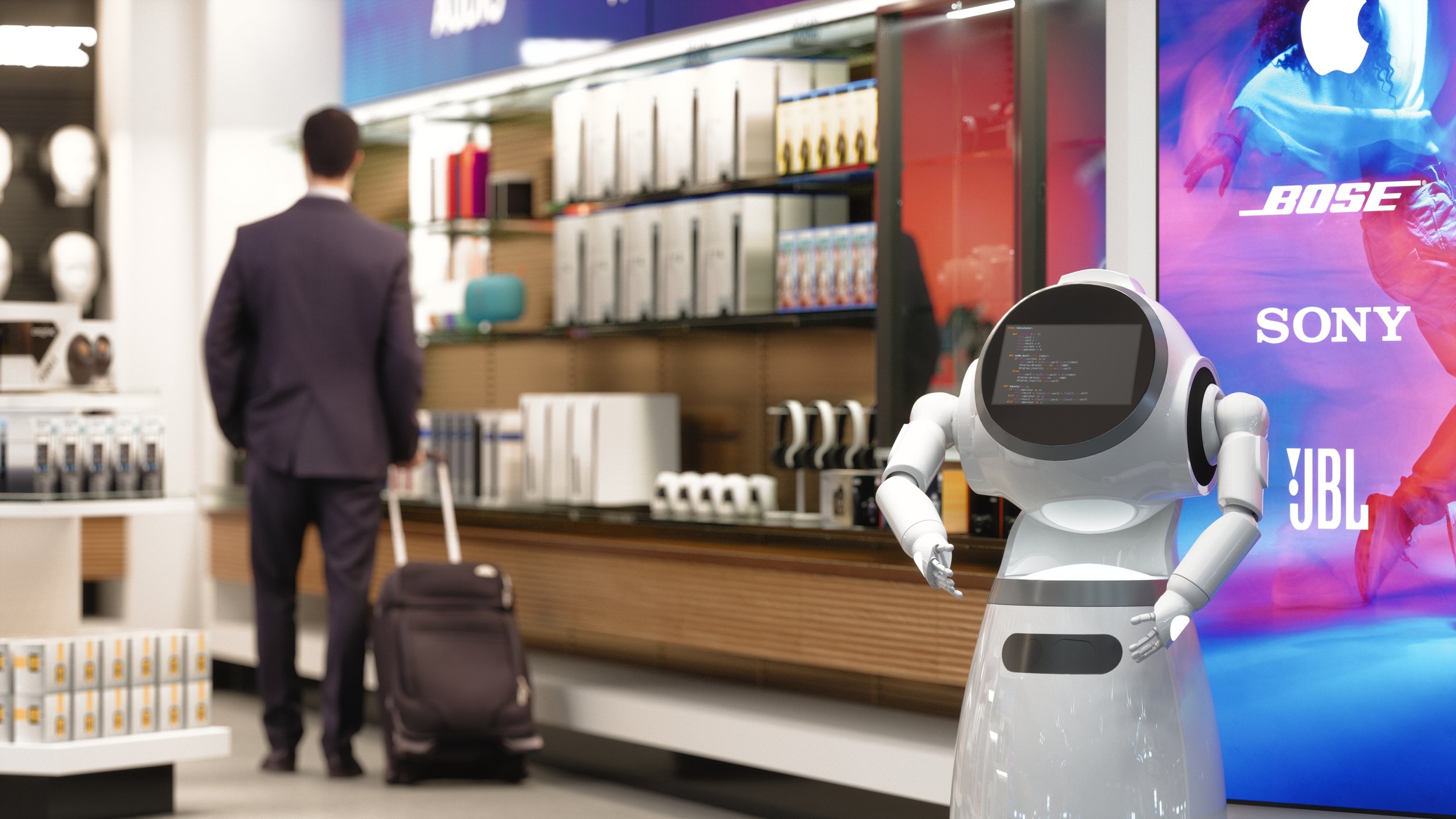 Image of a shopping area with an interactive robot and a man pulling a suitcase. Shelves display electronic products and brand logos like Bose and Sony are visible.