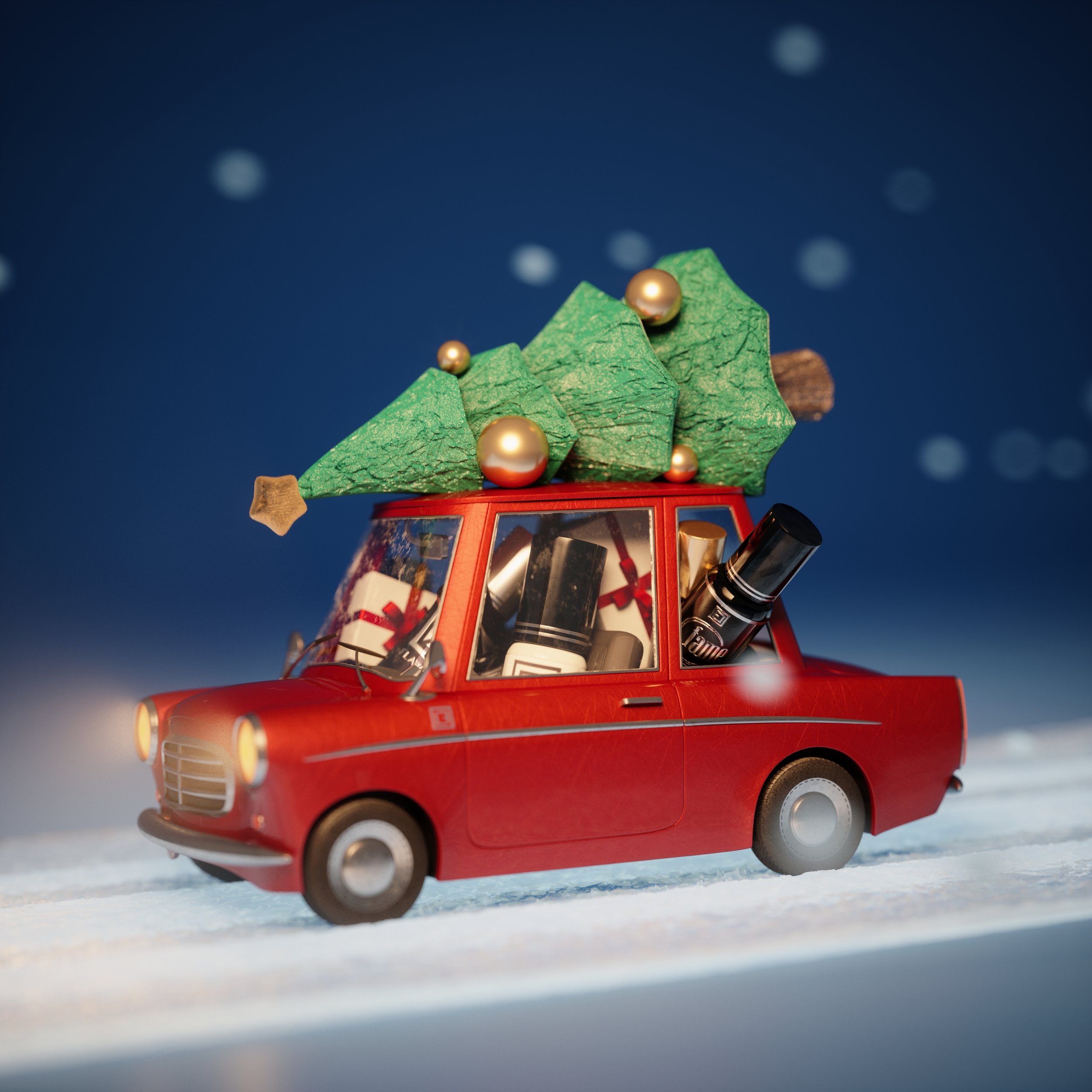Small red toy car with a green Christmas tree on top amidst holiday decorations.