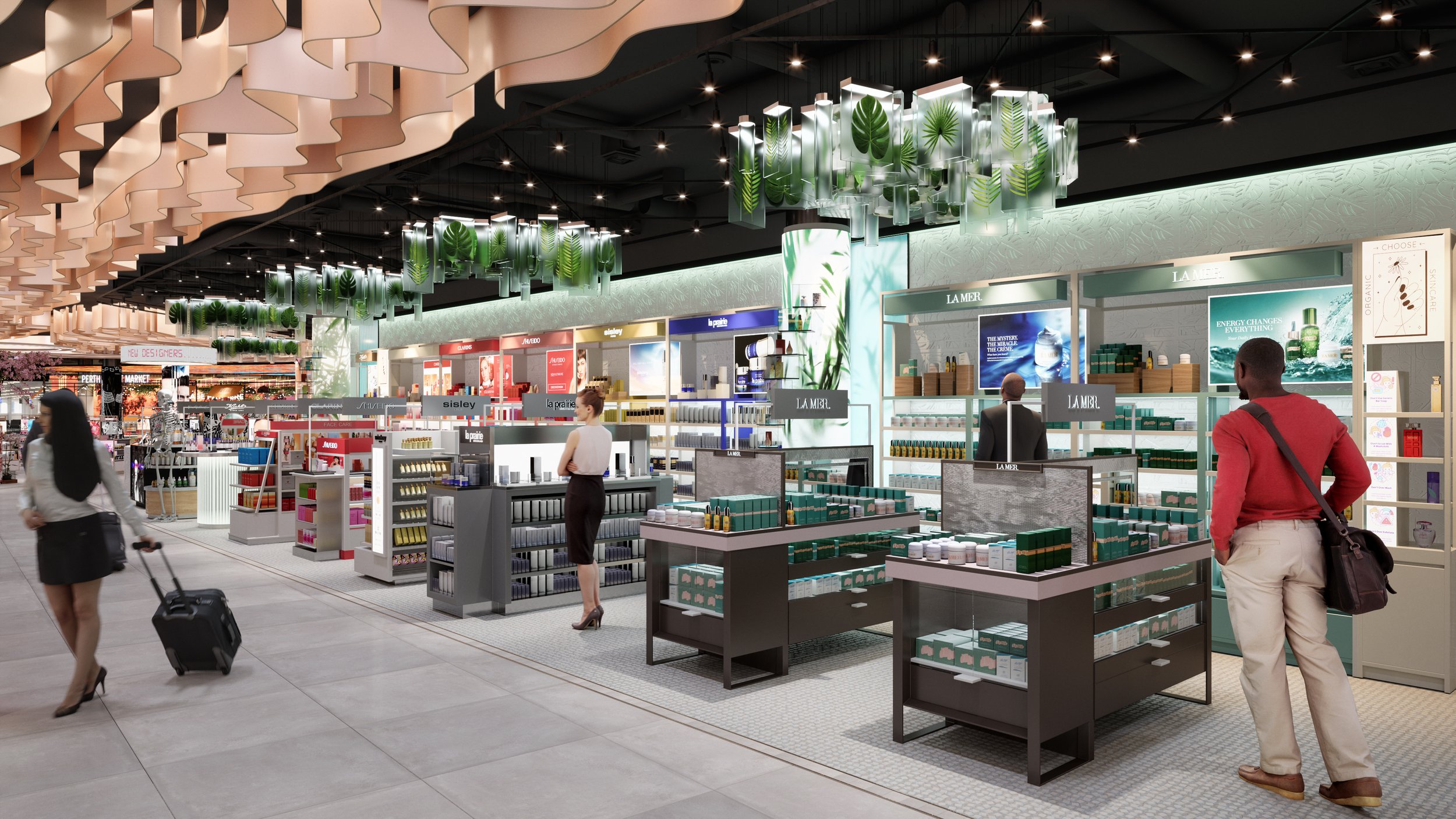 Interior of a modern duty-free shop in an airport featuring cosmetics and skincare displays, with people browsing the products and decorative ceiling accents.