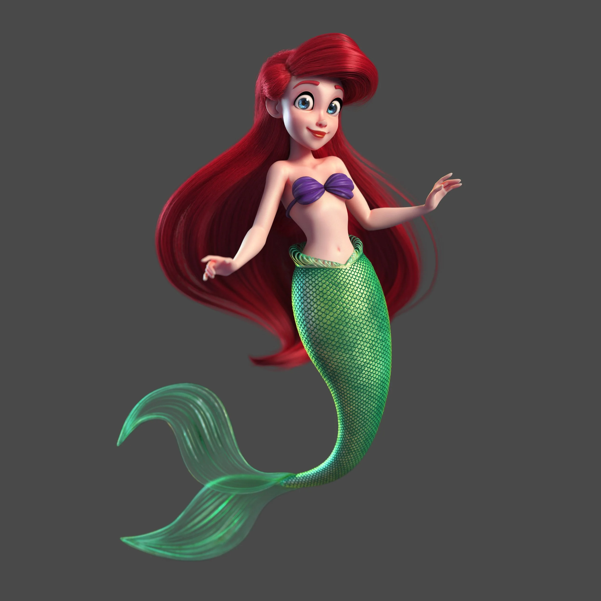 Animated red-haired mermaid with a green tail and purple seashell top on a gray background.