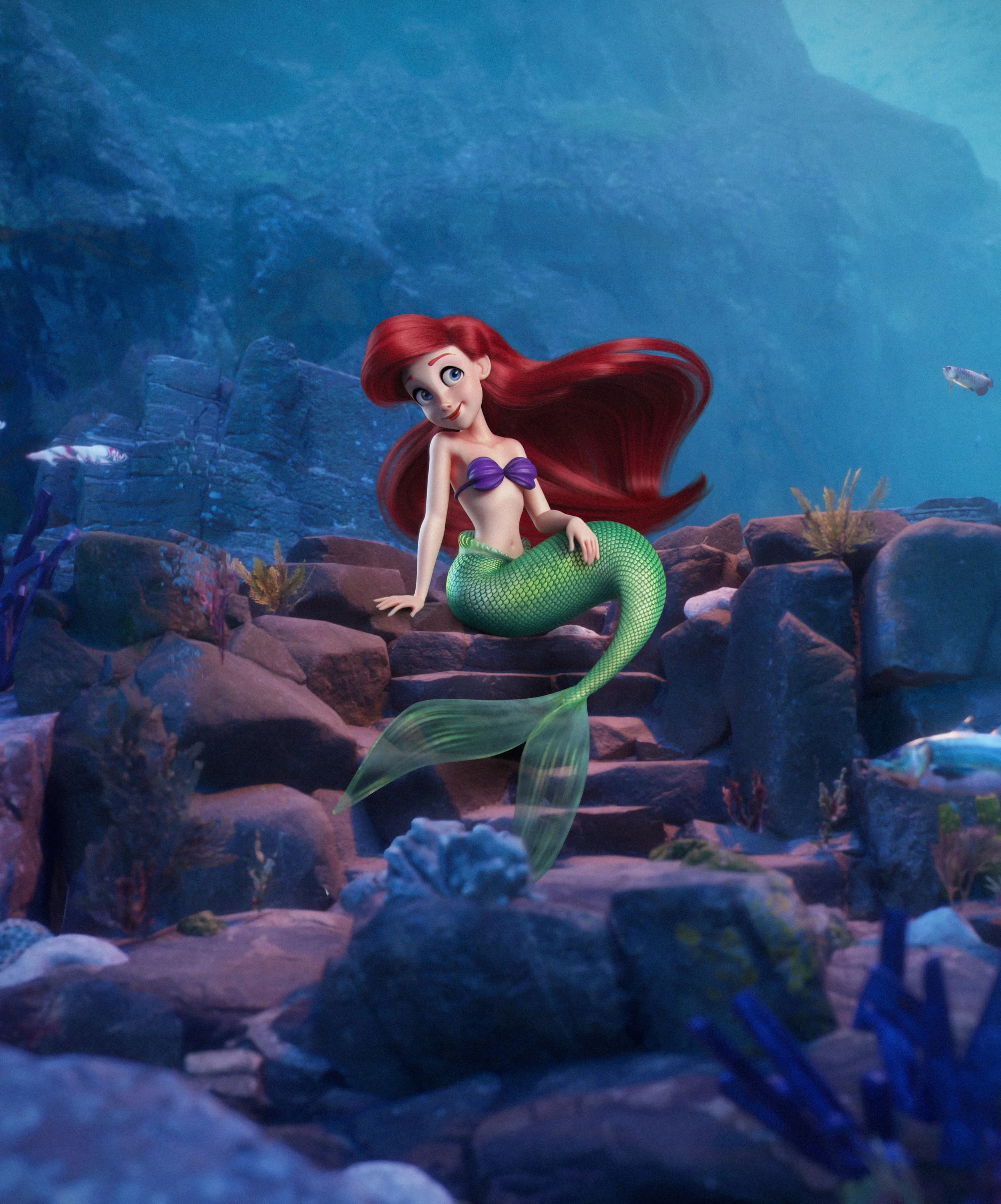 Animated mermaid with red hair and green tail sitting on underwater rocks, surrounded by sea life.