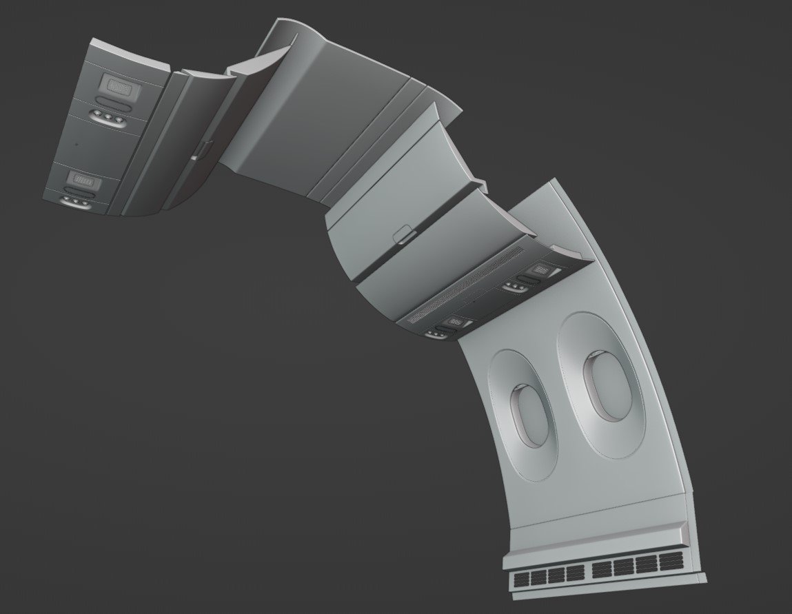 3D model of an aircraft cabin section, featuring overhead compartments, windows, and passenger controls.