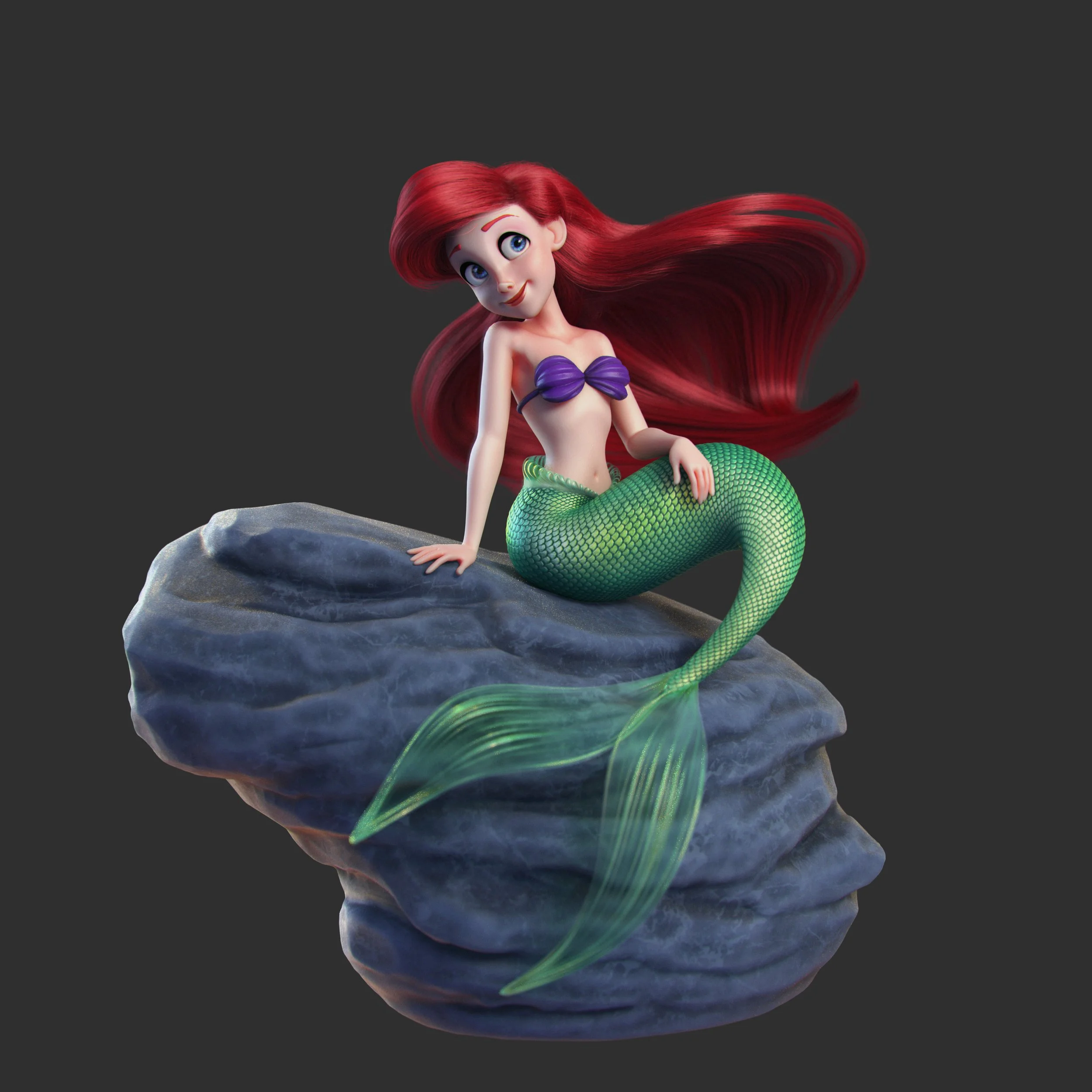 3D rendering of an animated mermaid with red hair, sitting on a rock, wearing a purple seashell bikini top and green-scaled tail.