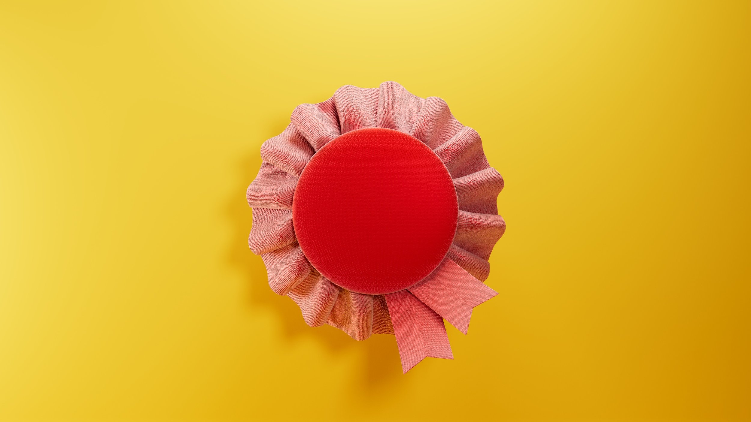 Red rosette with ribbons on yellow background