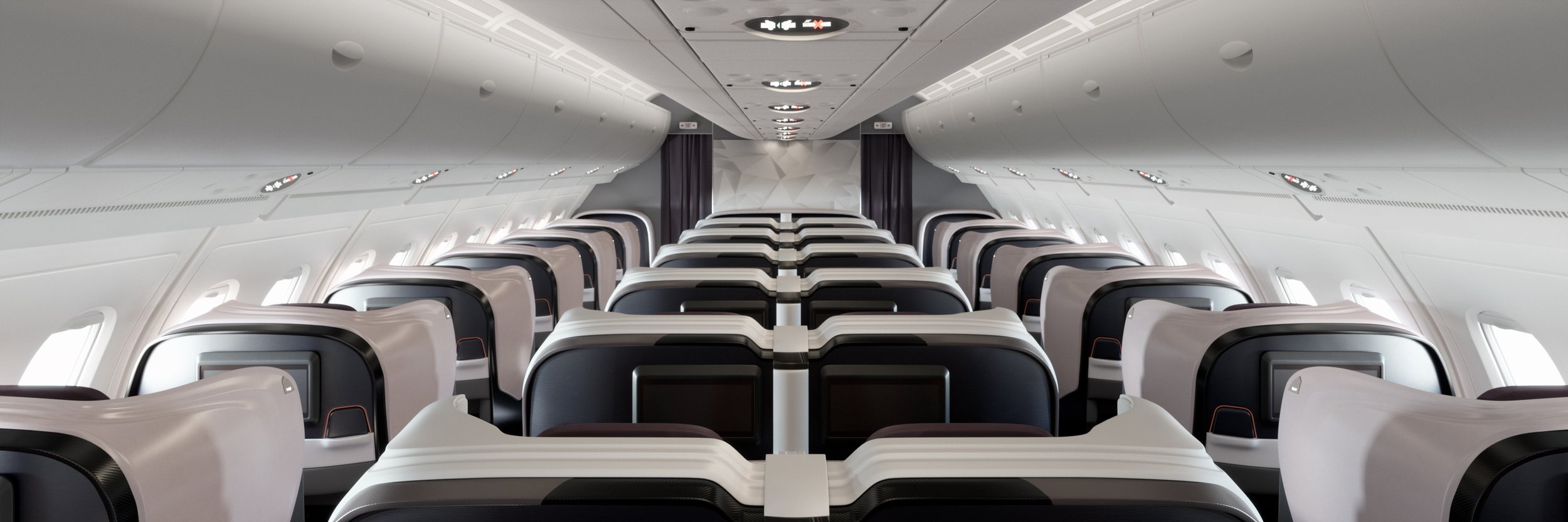 Airplane business class cabin with luxury seating and entertainment screens.