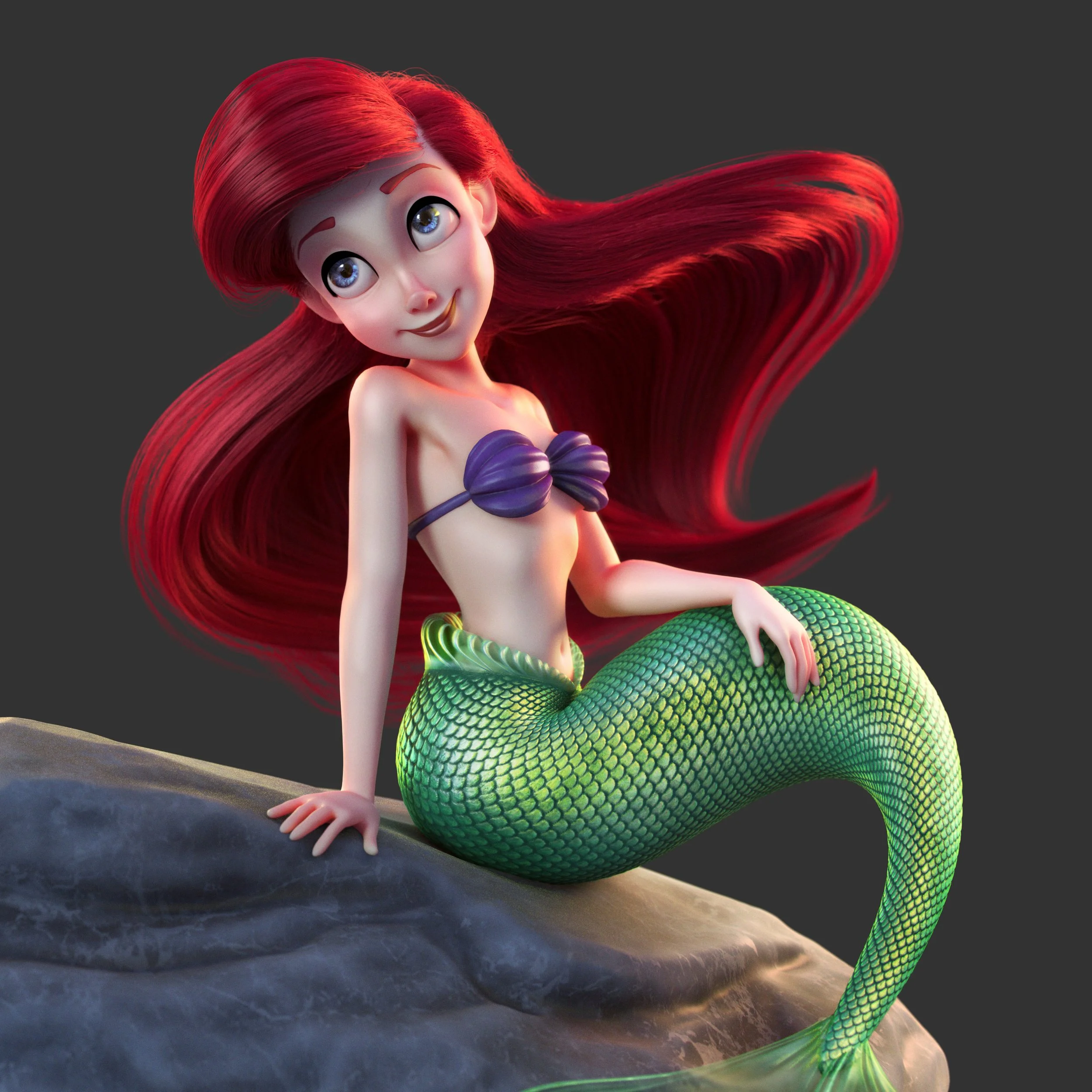 Animated mermaid with red hair and a green tail, sitting on a rock, wearing a purple seashell bikini.