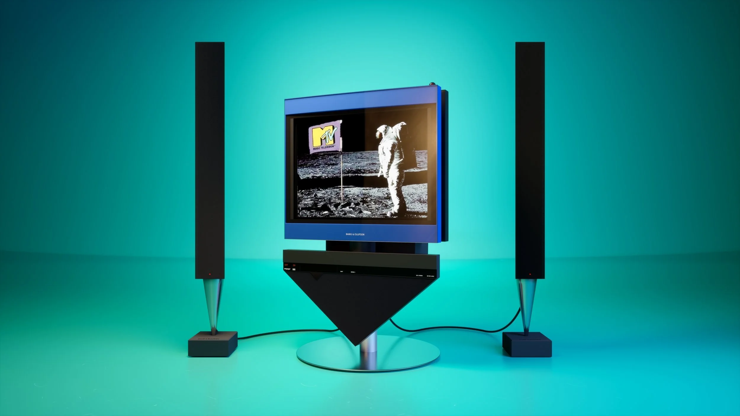 A modern TV set with a blue frame displaying an MTV logo and an astronaut image, flanked by tall black speakers, against a teal background.