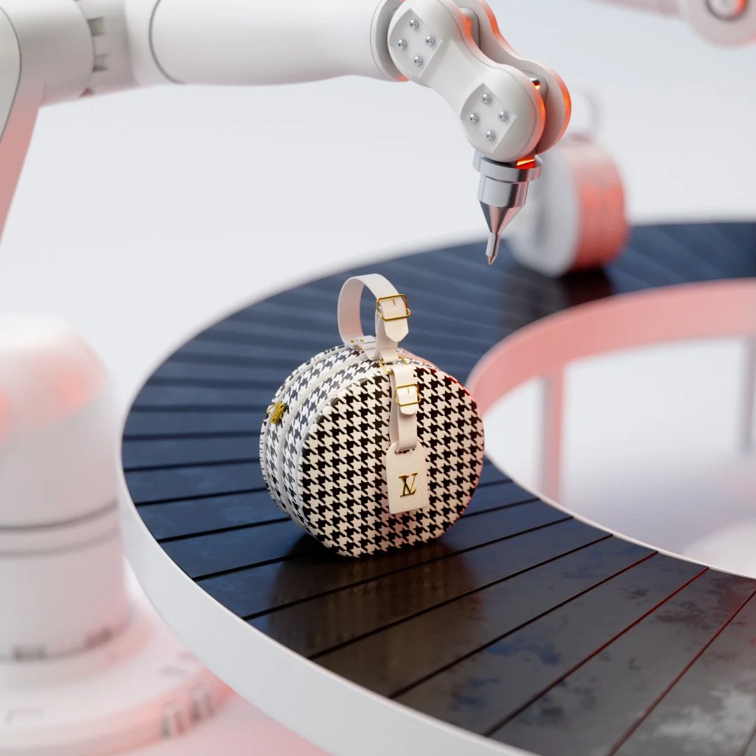 Luxury round handbag with houndstooth pattern on conveyor belt under robotic arm.