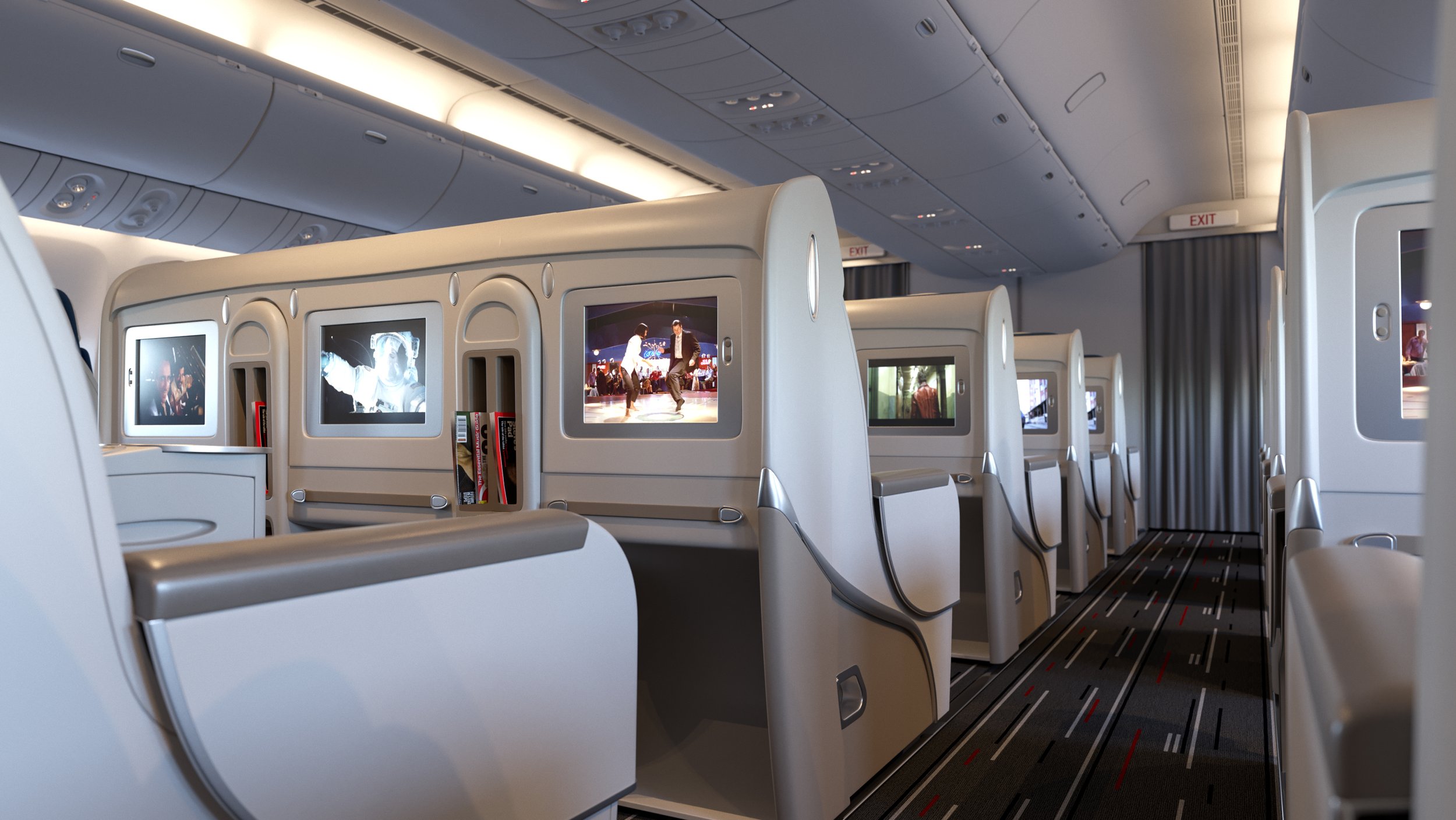 Interior of an airplane's first-class cabin with individual seating pods, personal entertainment screens, and mood lighting.