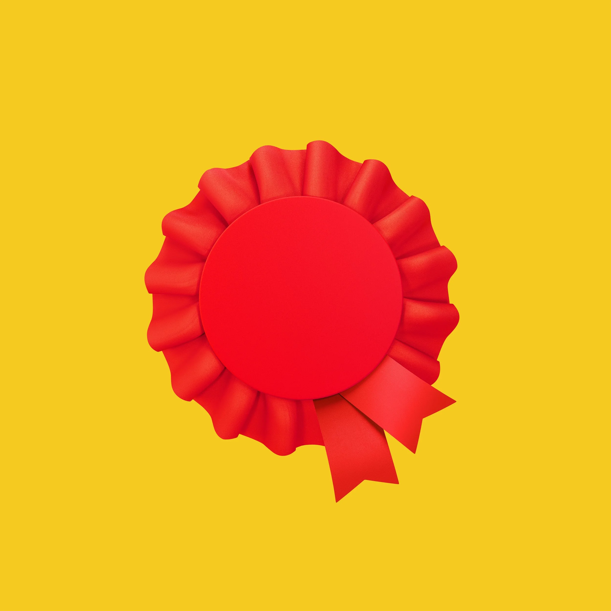 Red award ribbon with a pleated outer edge and tail on a yellow background.