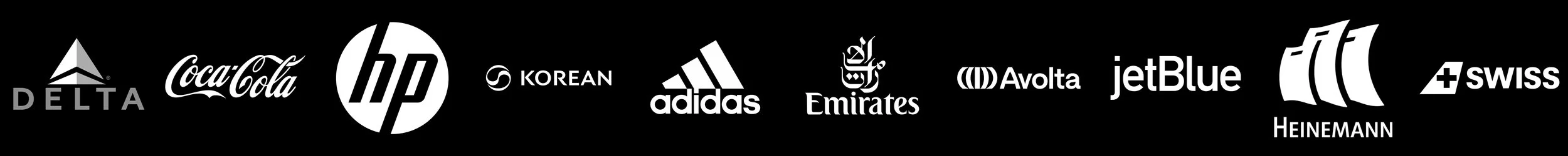 Logos of various brands including Delta, Coca-Cola, HP, Korean Air, Adidas, Emirates, Avolta, JetBlue, Heinemann, and Swiss on a black background.