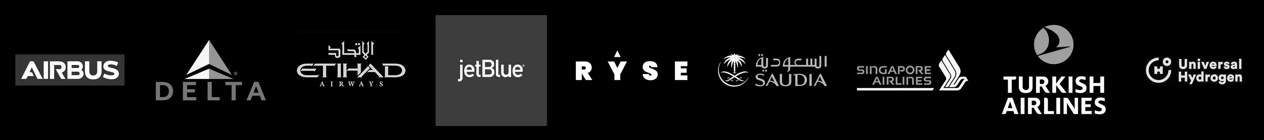 Logos of various airlines and aviation companies on a black background. Companies include Airbus, Delta, Etihad Airways, JetBlue, Ryse, Saudia, Singapore Airlines, Turkish Airlines, and Universal Hydrogen.