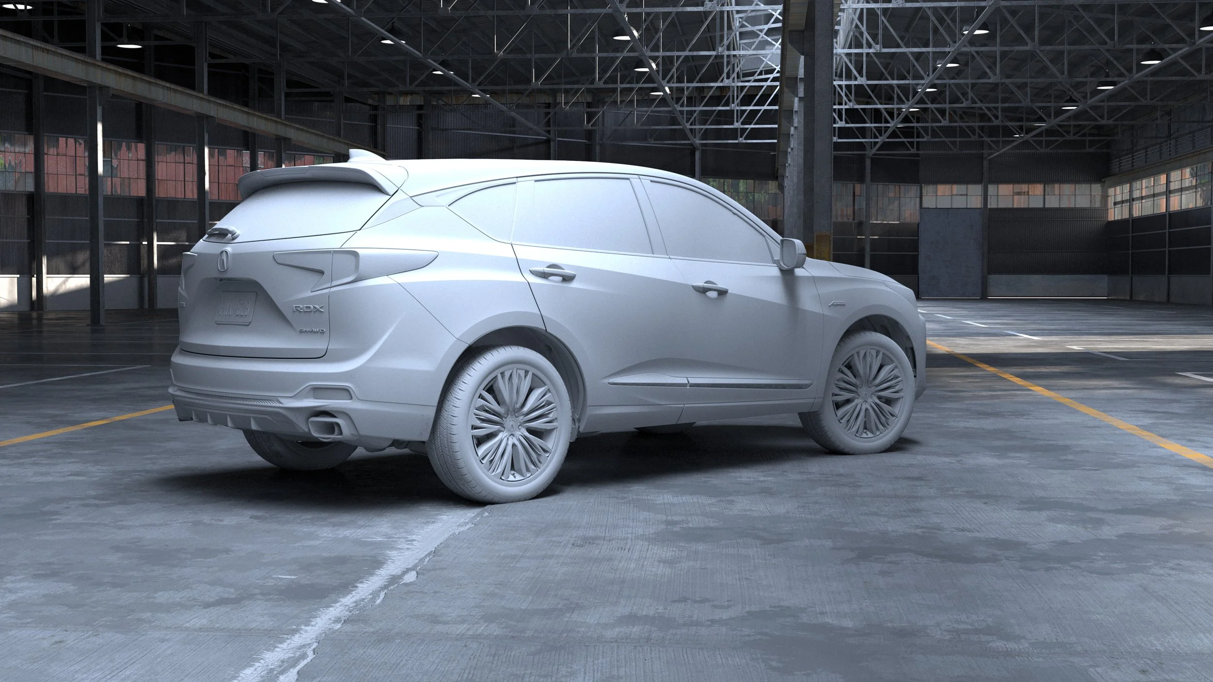 Monochrome 3D rendering of an SUV in a warehouse.