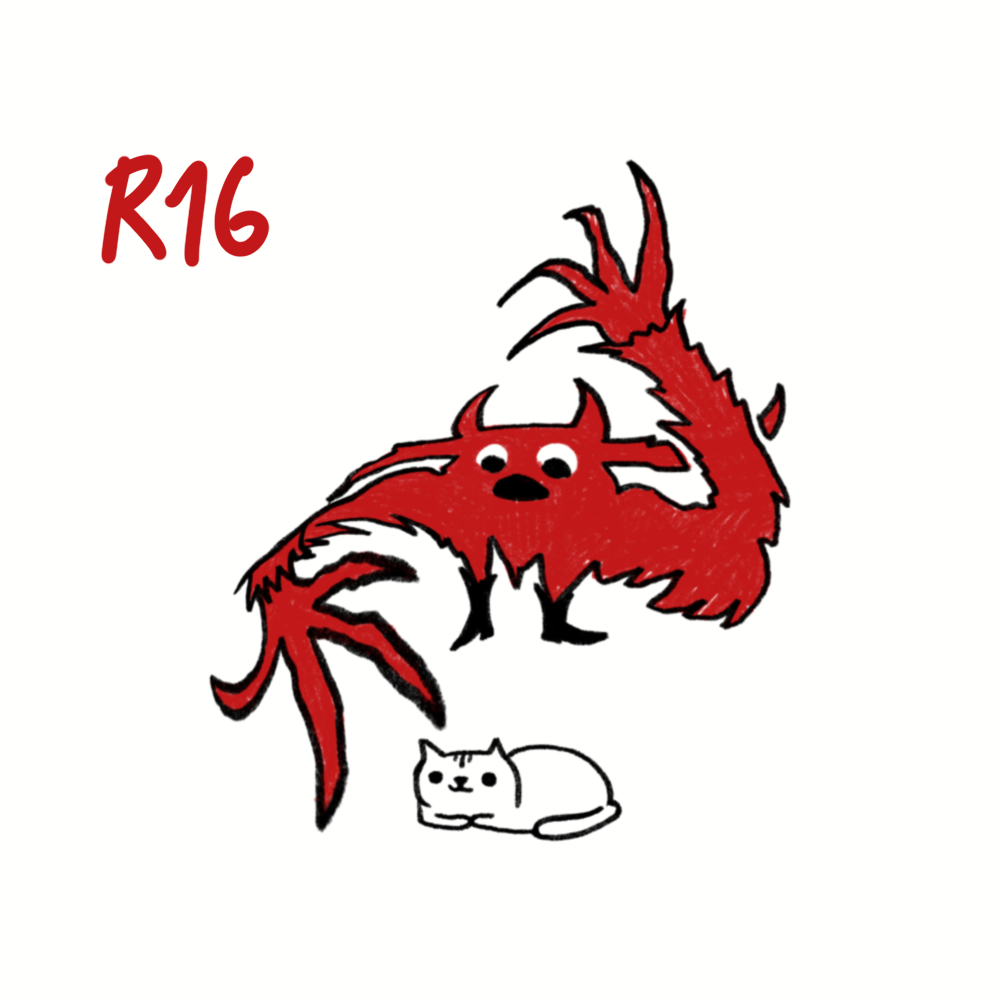 A red cartoon crab with big eyes, claws raised, and a surprised expression, with a small white cat lying underneath, and the text 'R16' in red in the top left corner.