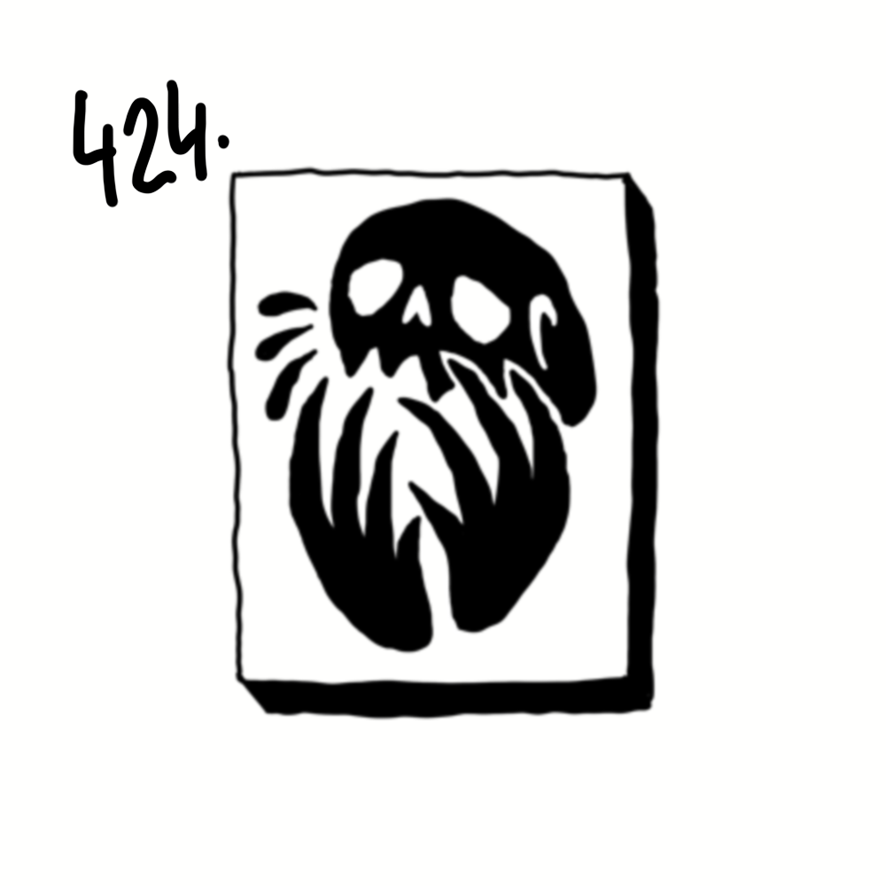 Black and white drawing of a skull and beard with the number 424 written in the upper left corner.
