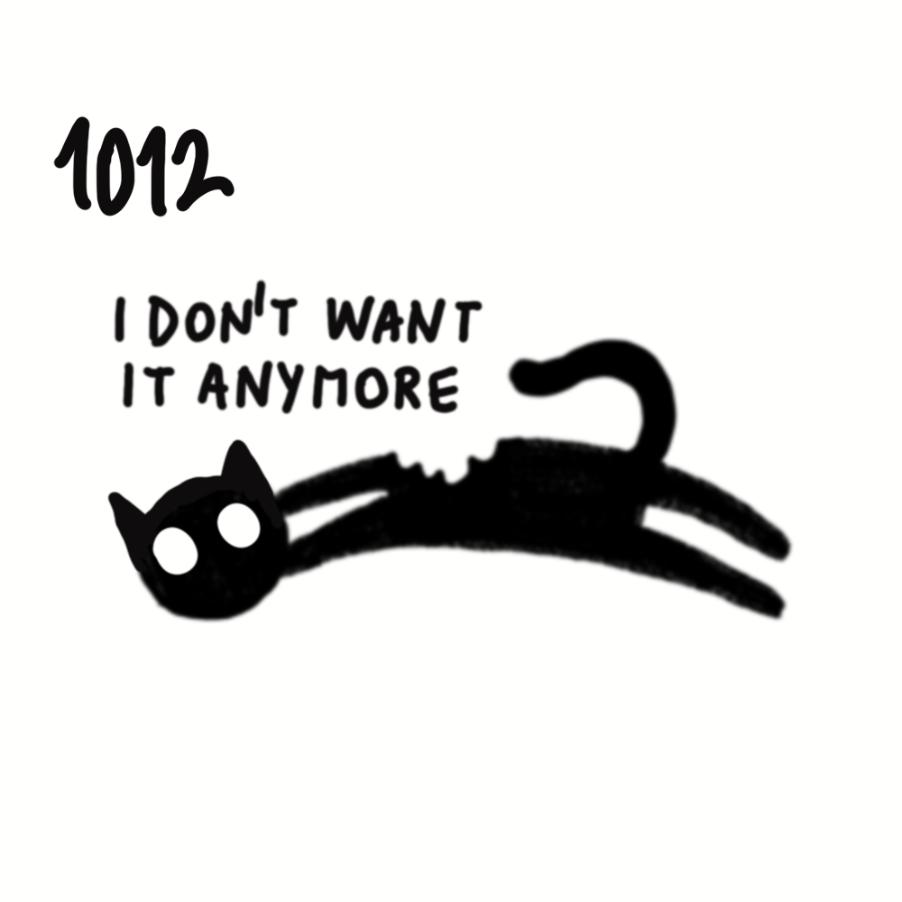 A black silhouette of a cat lying down with text that reads '1012 I DON'T WANT IT ANYMORE'