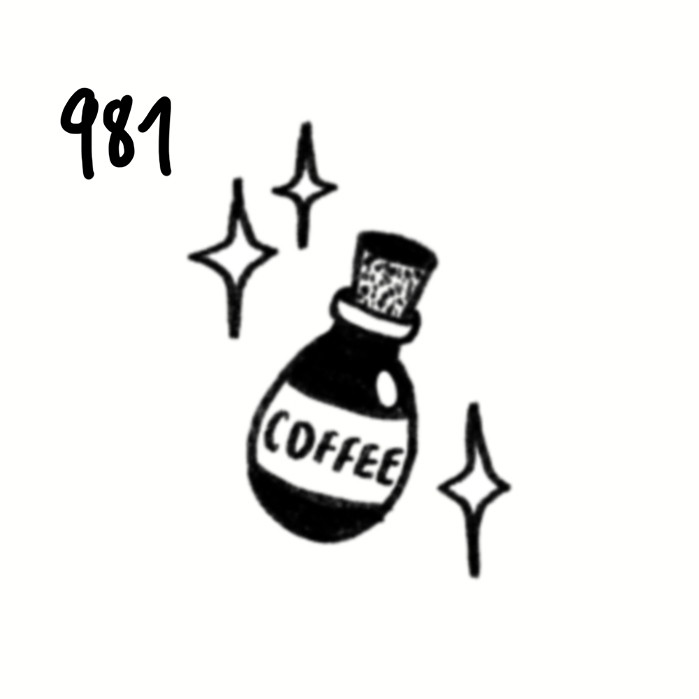 A black and white drawing of a coffee bottle with a label that says 'COFFEE' and three sparkling stars around it, with the number 981 in the top left corner.