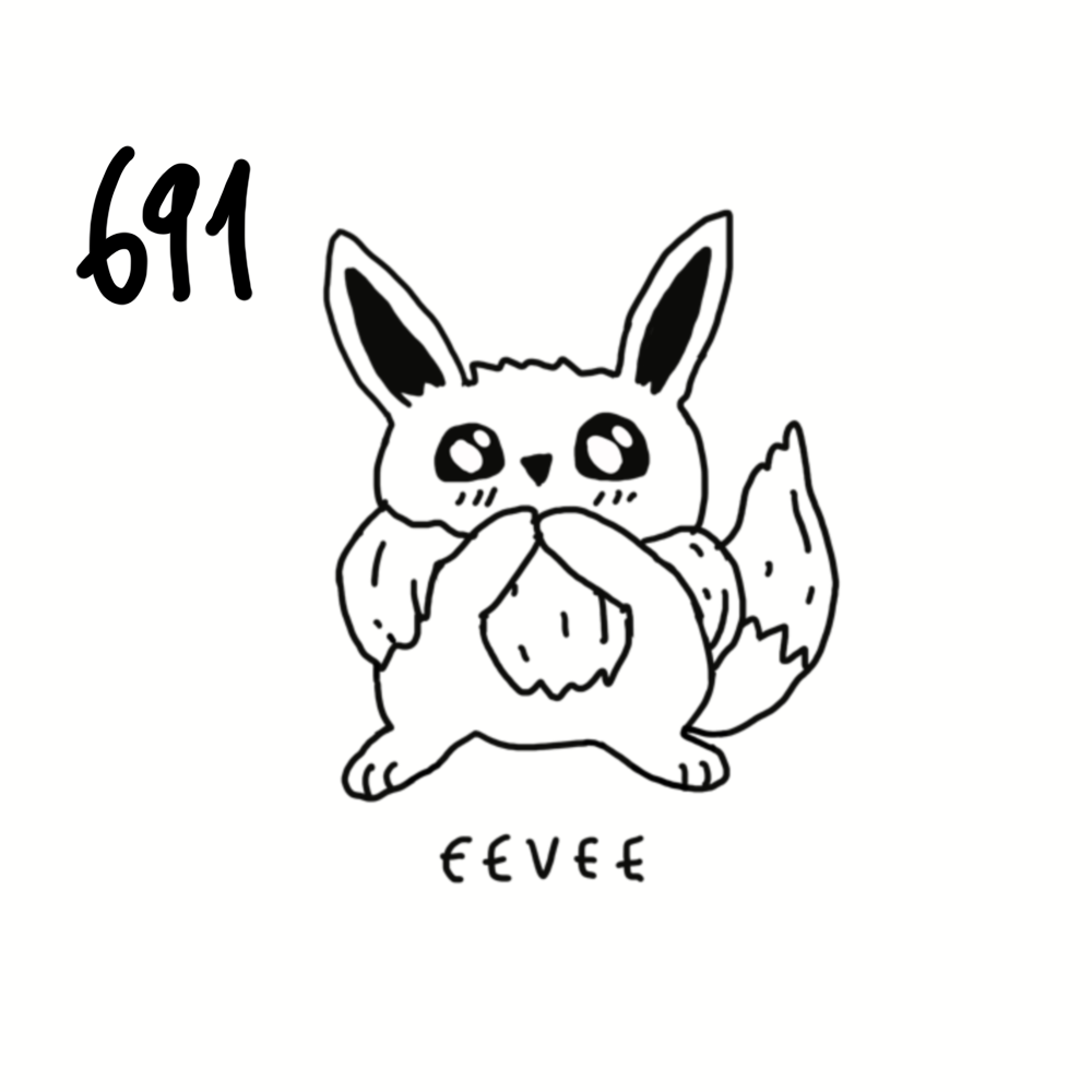 Black and white drawing of a cute cartoon Pokémon Eevee with large eyes, standing on its hind legs with its front paws on its cheeks, and the name "Eevee" written underneath. The number "691" is written in the top left corner.