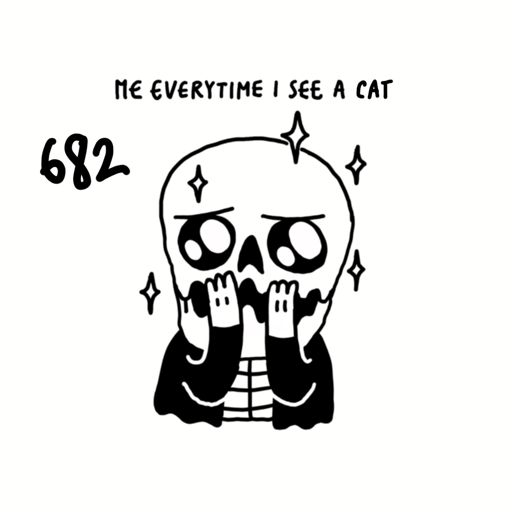A black and white cartoon drawing of a skull with large eyes and a surprised expression, hands on cheeks, surrounded by sparkles and the text "ME EVERYTIME I SEE A CAT" at the top, with the number "682" to the left.