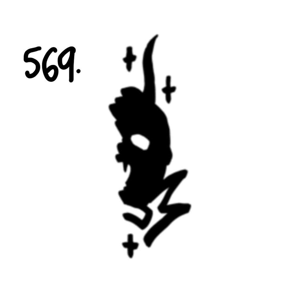 Black silhouette of a rat with a long tail, surrounded by small crosses, and the number 569 in the top left corner.