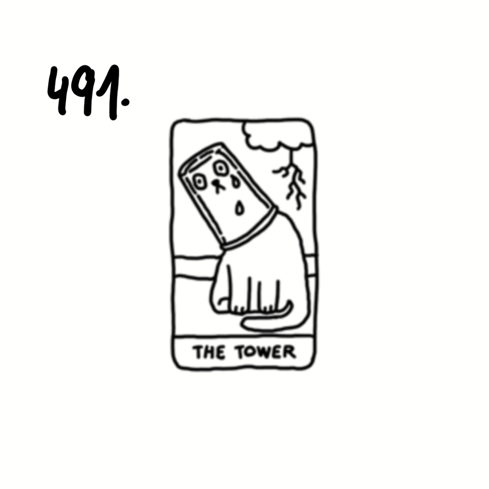 A black and white drawing of a tarot card labeled "The Tower" featuring a cartoonish telephone with a distressed face, a storm cloud, and lightning in the background.