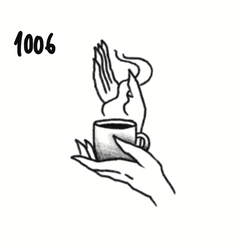 A hand holding a steaming cup of coffee with two additional hands, one above and one below, in a simplified black and white drawing.