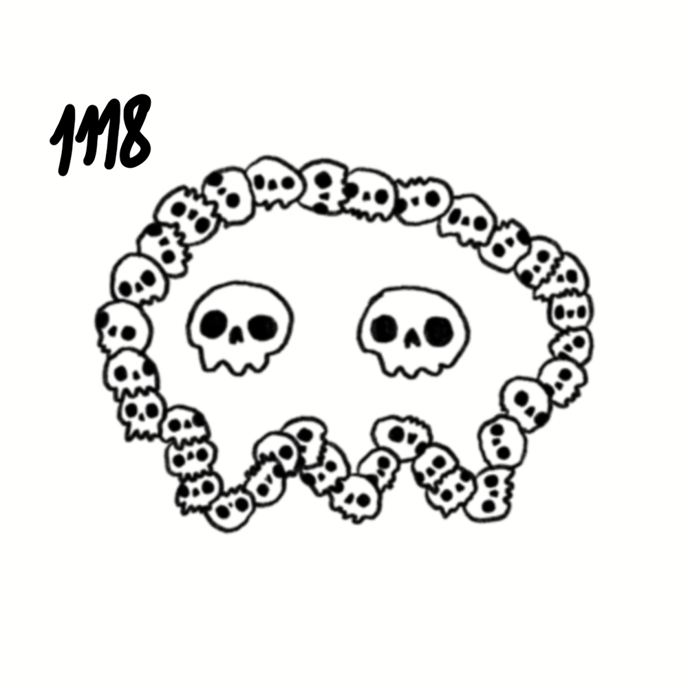 Drawing of a smiley face made with skull illustrations, with the number 118 in the top left corner.