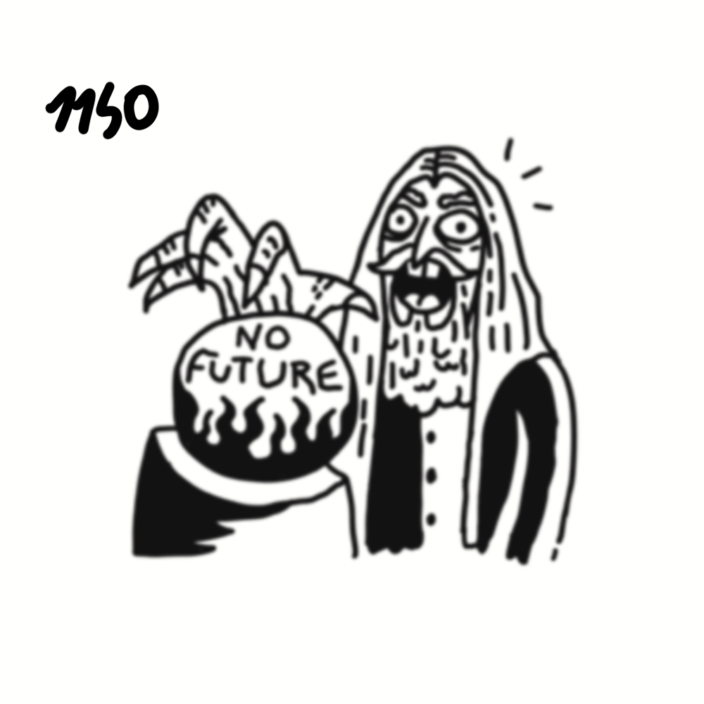 A cartoon illustration of a creepy wizard with long hair and beard, holding a crystal ball labeled 'NO FUTURE' and smiling mischievously.