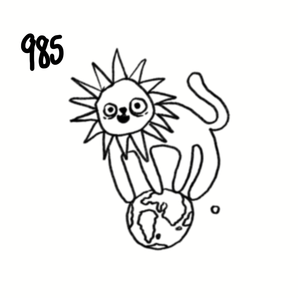Drawing of a lion with a sun-like mane standing on top of the Earth with the number 985 written in the top left corner.
