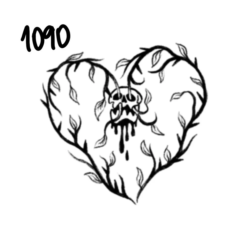 Black and white illustration of a heart-shaped design with a skull at the center, surrounded by intertwined branches and leaves, and the number '1000' written in the upper left corner.